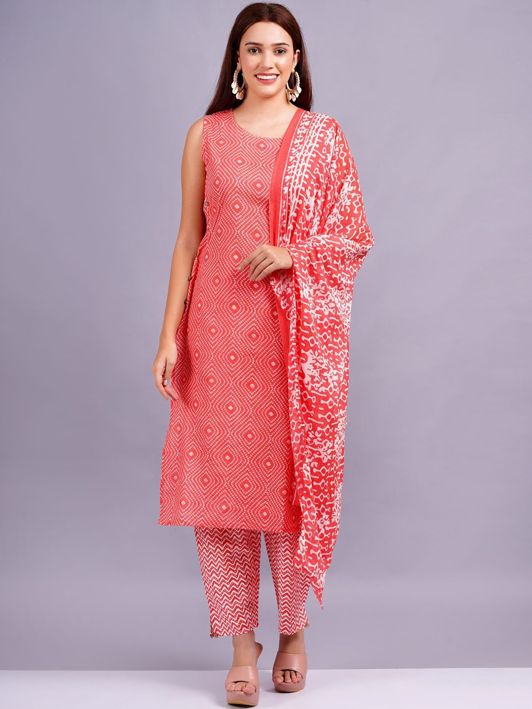 

KALINI Women Bandhani Printed Regular Pure Cotton Kurta with Trousers & With Dupatta, Red