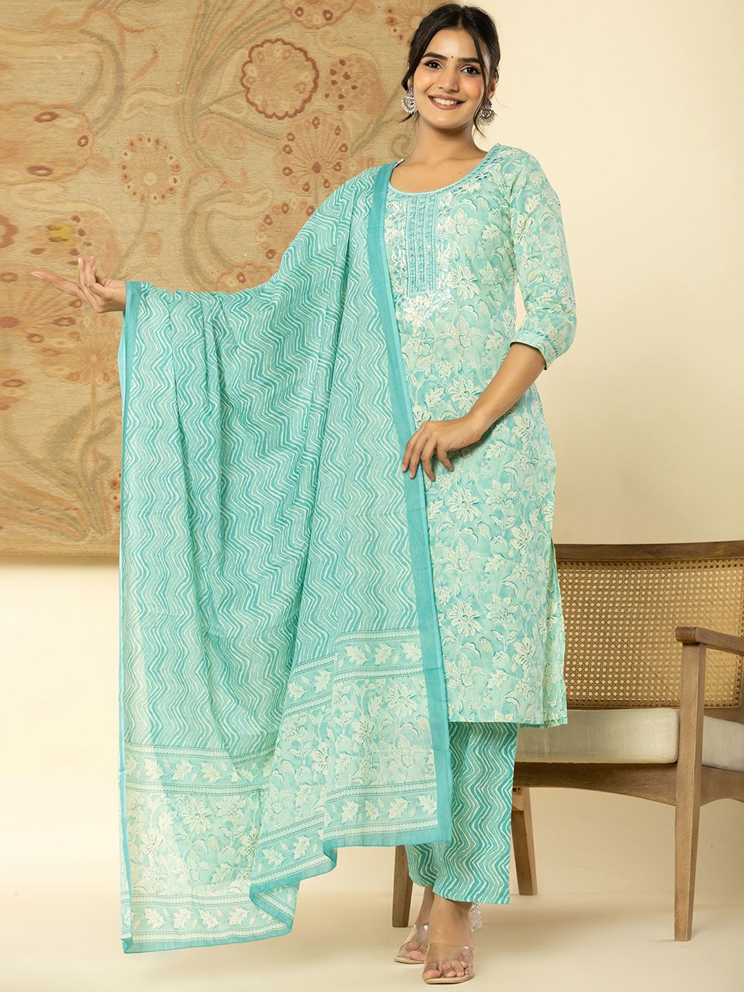 

Yufta Sea Green Floral Printed Mirror Work Pure Cotton Kurta With Trouser With Dupatta