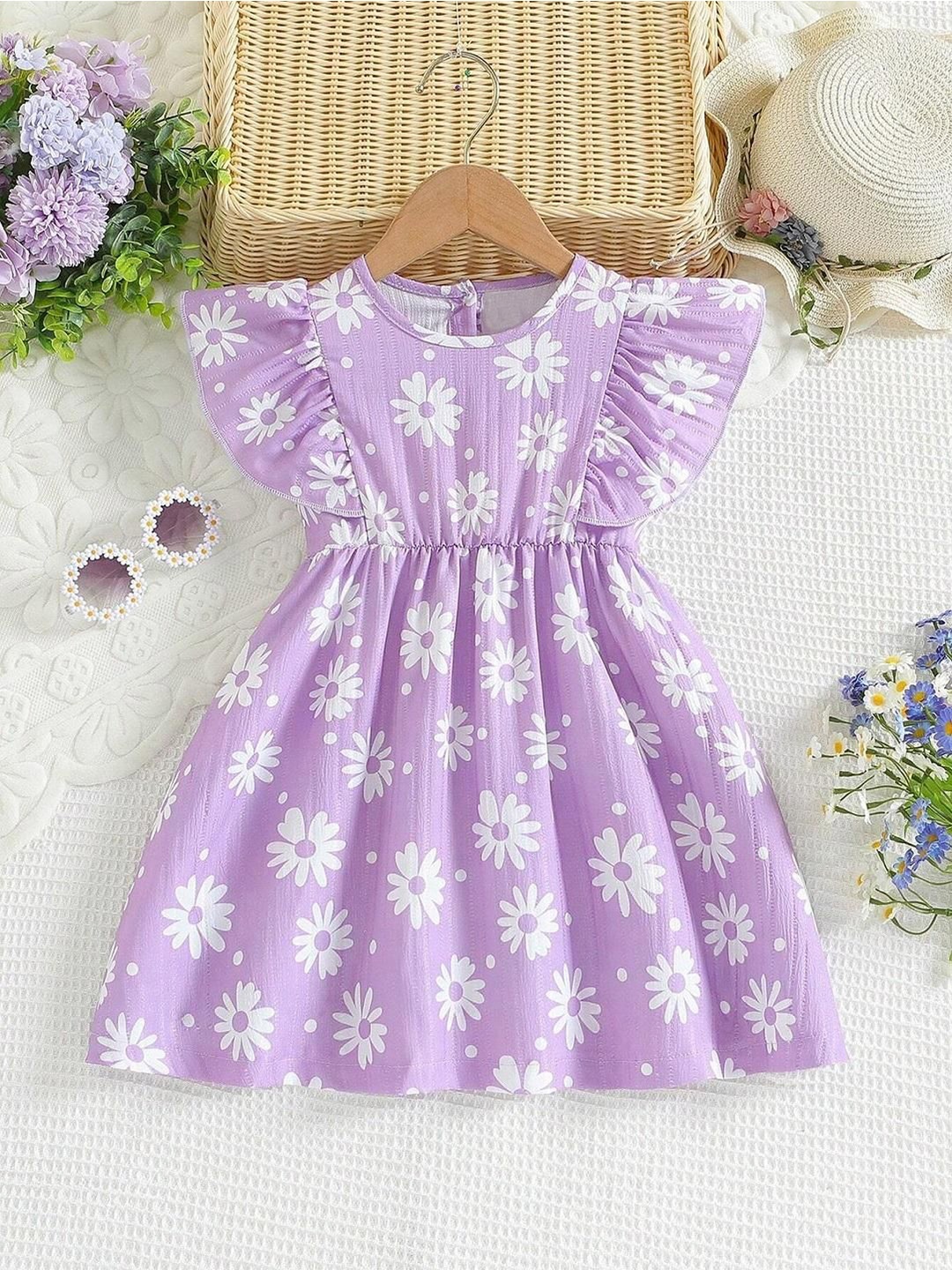 

Miss & Chief Girls Floral Printed Ruffles Fit & Flare Cotton Midi Dress, Lavender