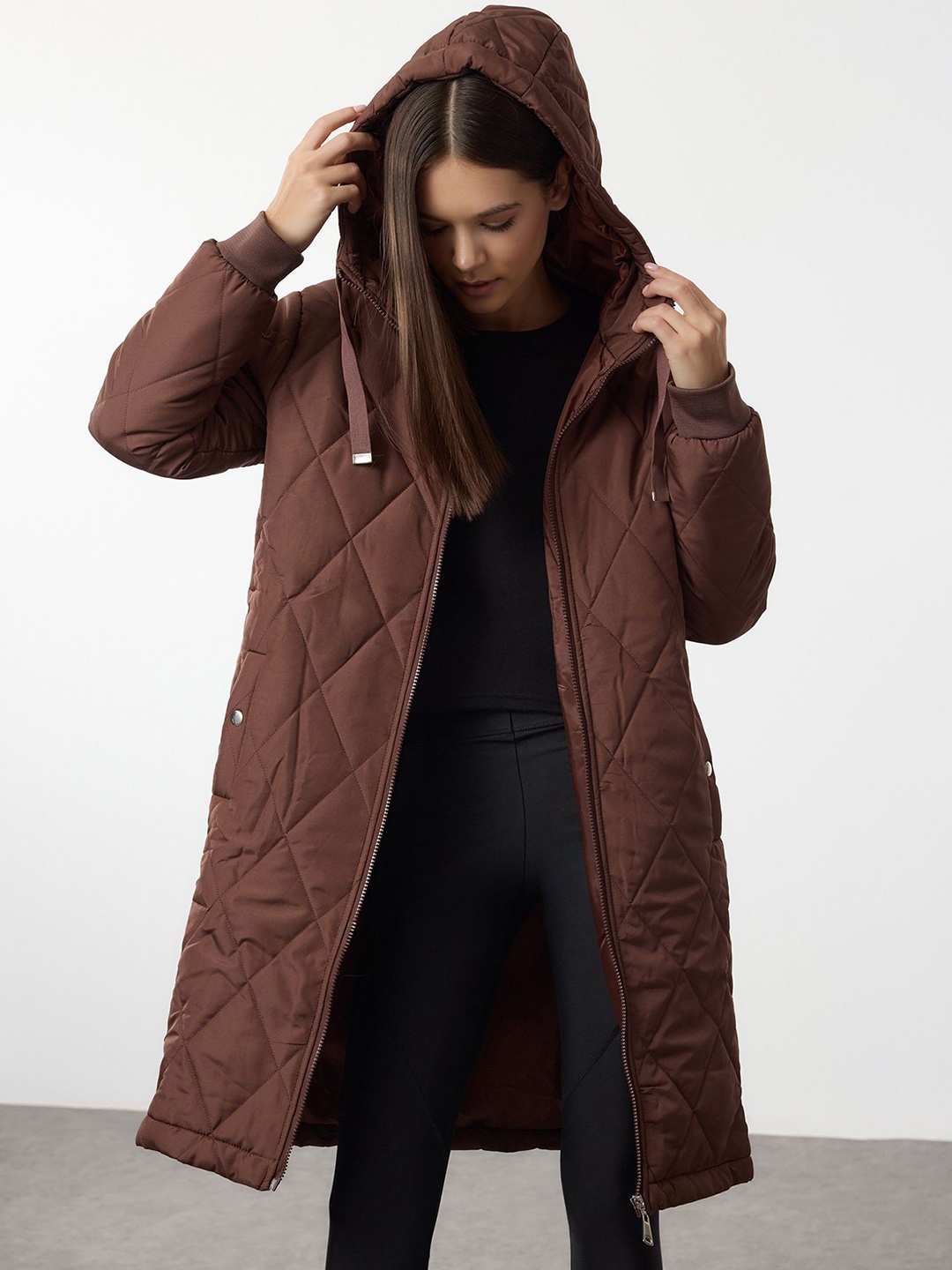 

Trendyol Quilted Hooded Overcoat, Brown