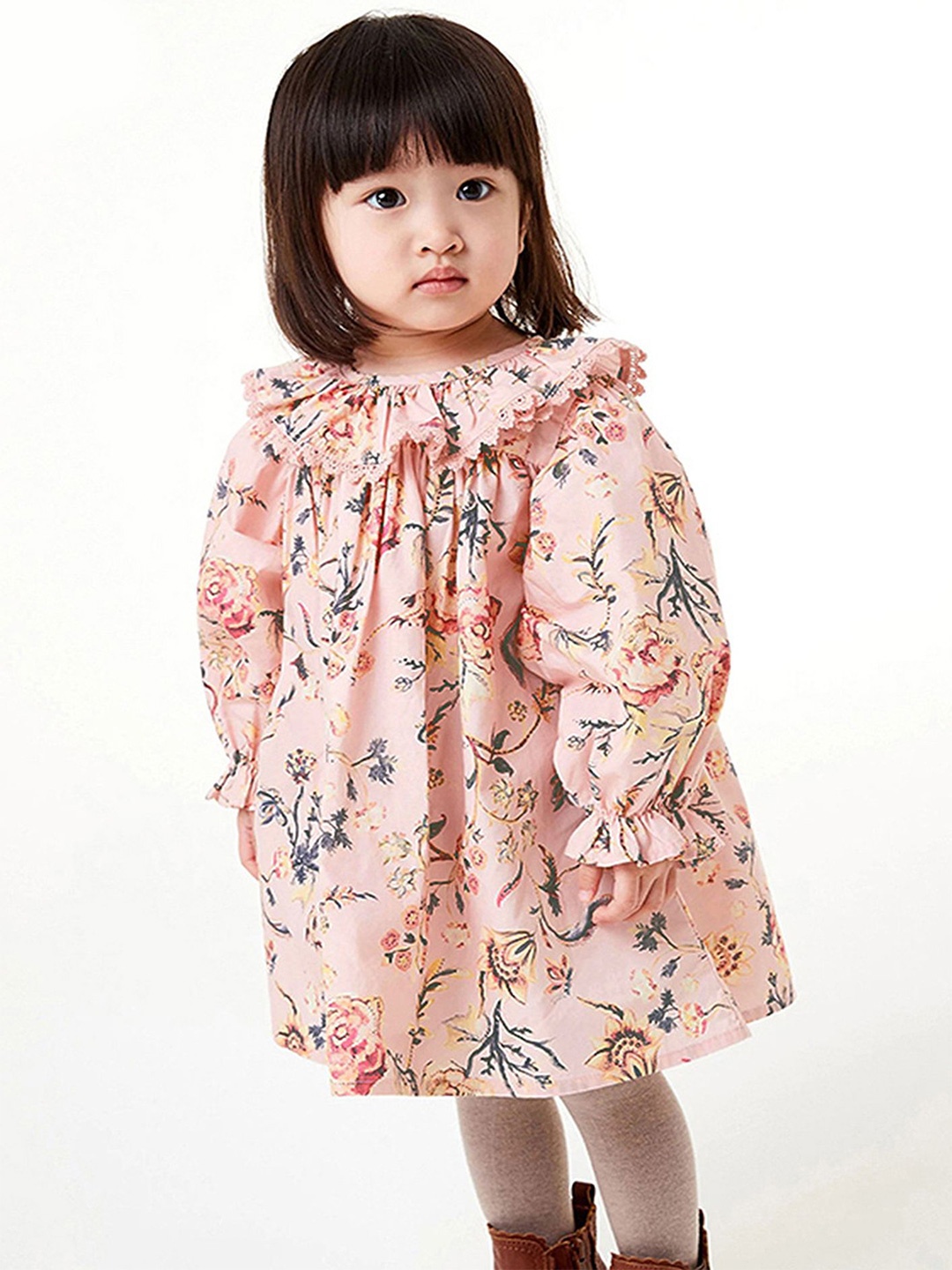 

LULU & SKY Girls Floral Printed Cotton A-Line Dress, Peach