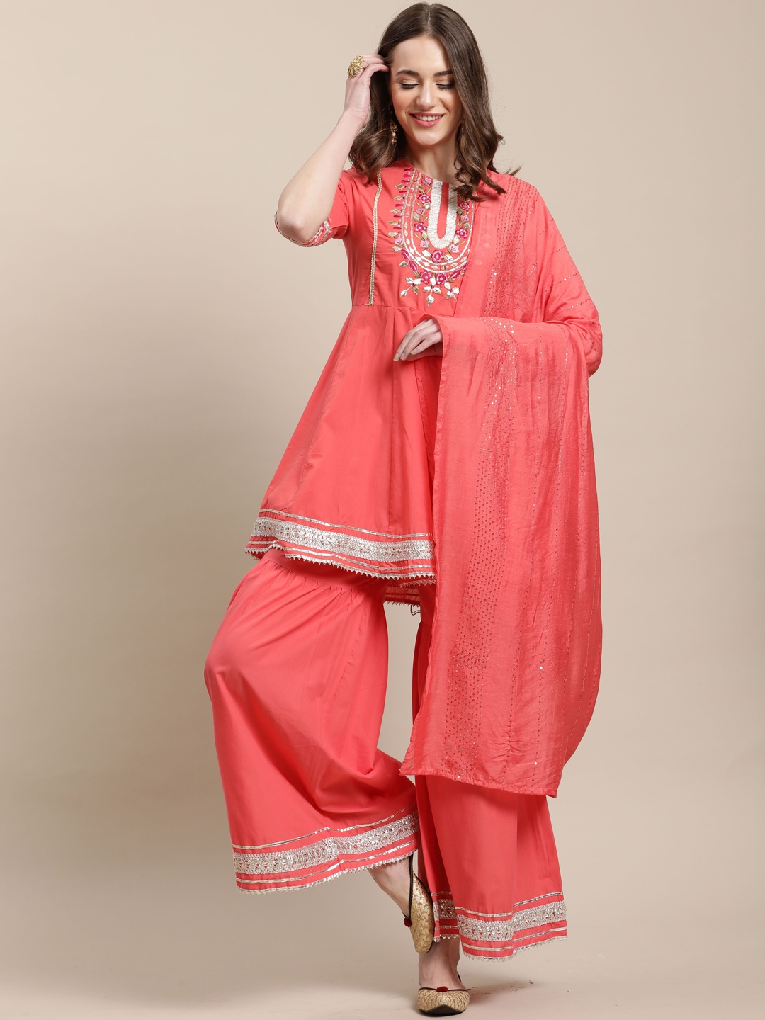 

Roly Poly Women Floral Embroidered Regular Pure Cotton Kurti with Trousers & With Dupatta, Peach