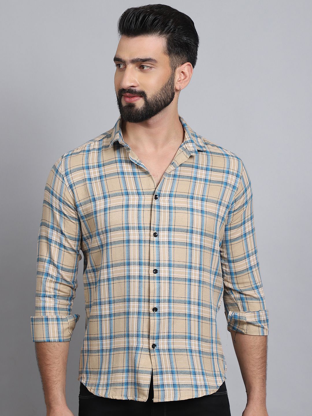 

Tanip Men Sheer Checked Casual Shirt, Beige