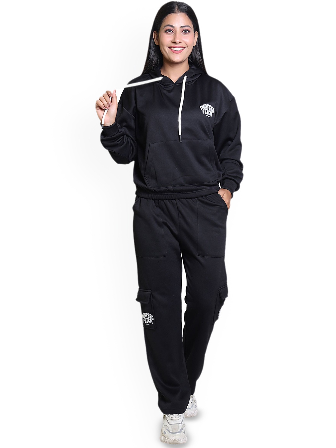 

Divine Girl Women Hooded Printed Tracksuit, Black