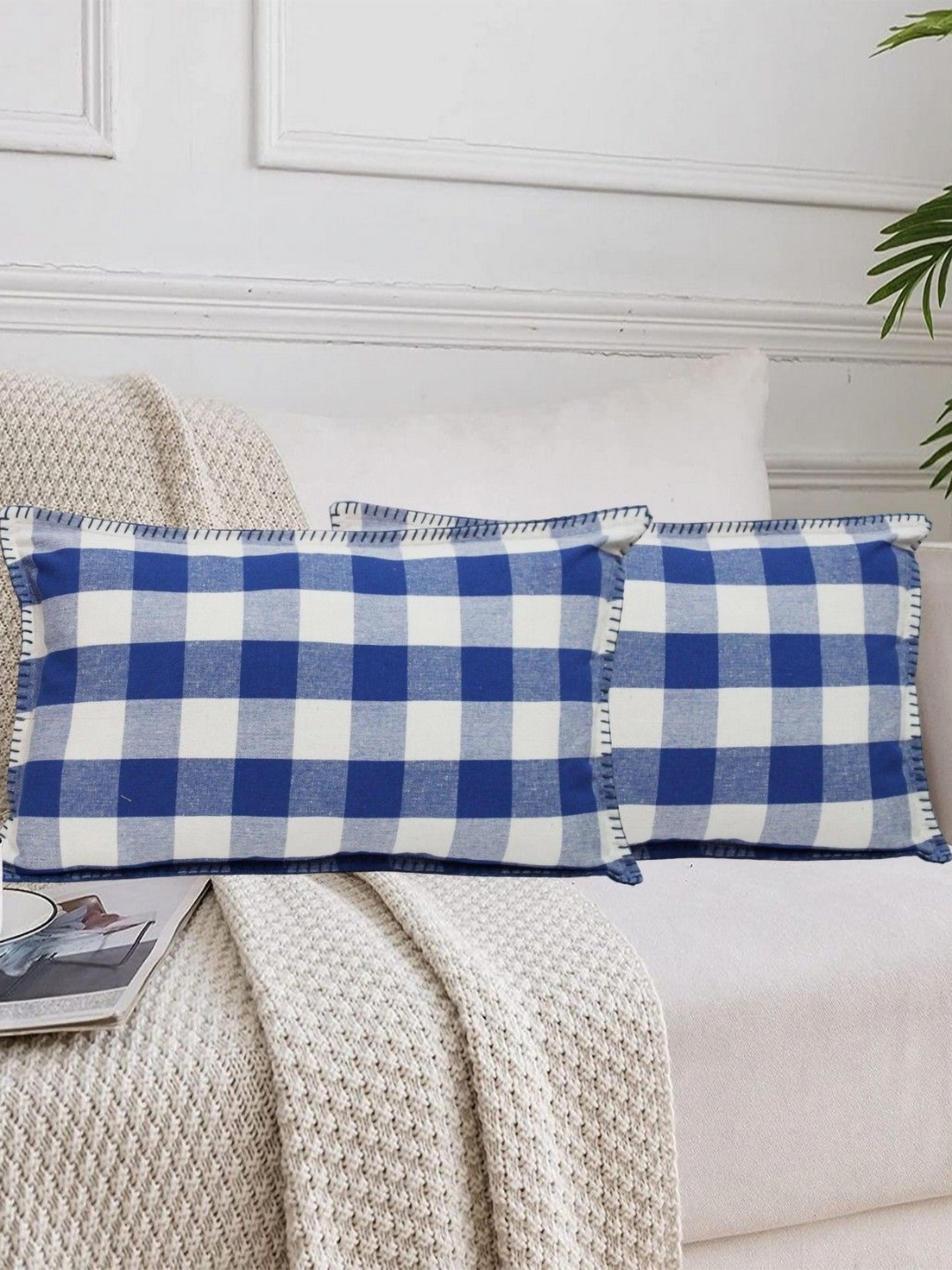 

Lushomes Blue & White Set of 2 Checked Rectangle Cushion Covers