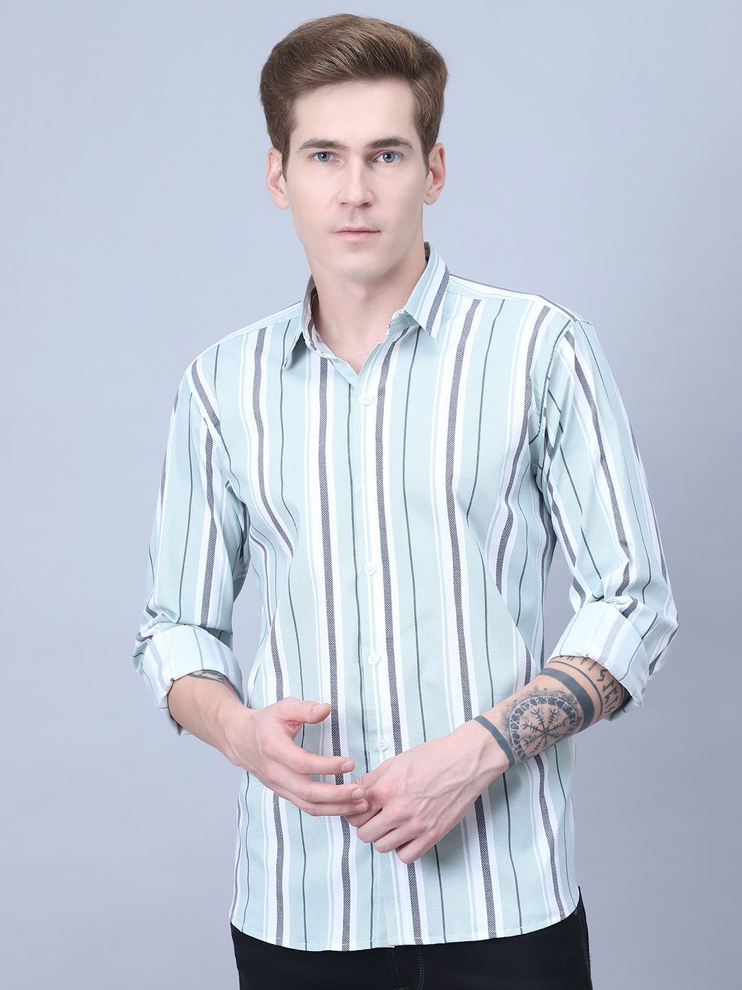 

Tanip Men Sheer Striped Casual Shirt, Green