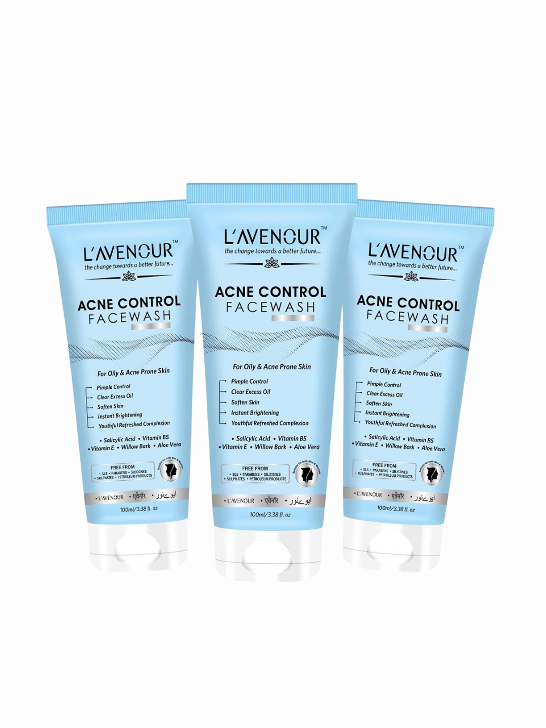 

L'AVENOUR Set Of 3 Acne Control Face Wash With Aloevera & Vitamin E - 100 ml Each, Blue