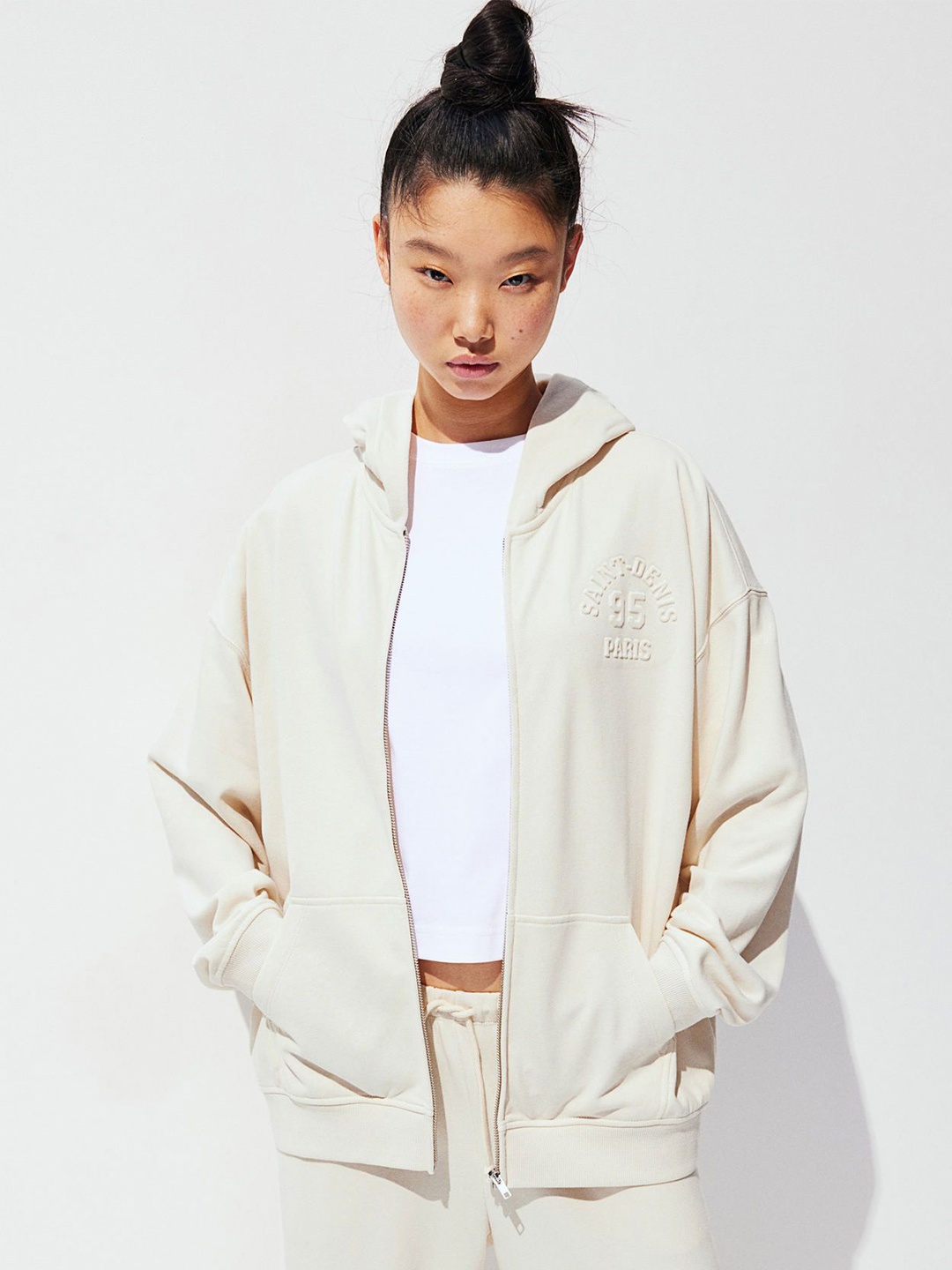 

H&M Women Oversized Zip-Through Hoodie, Beige