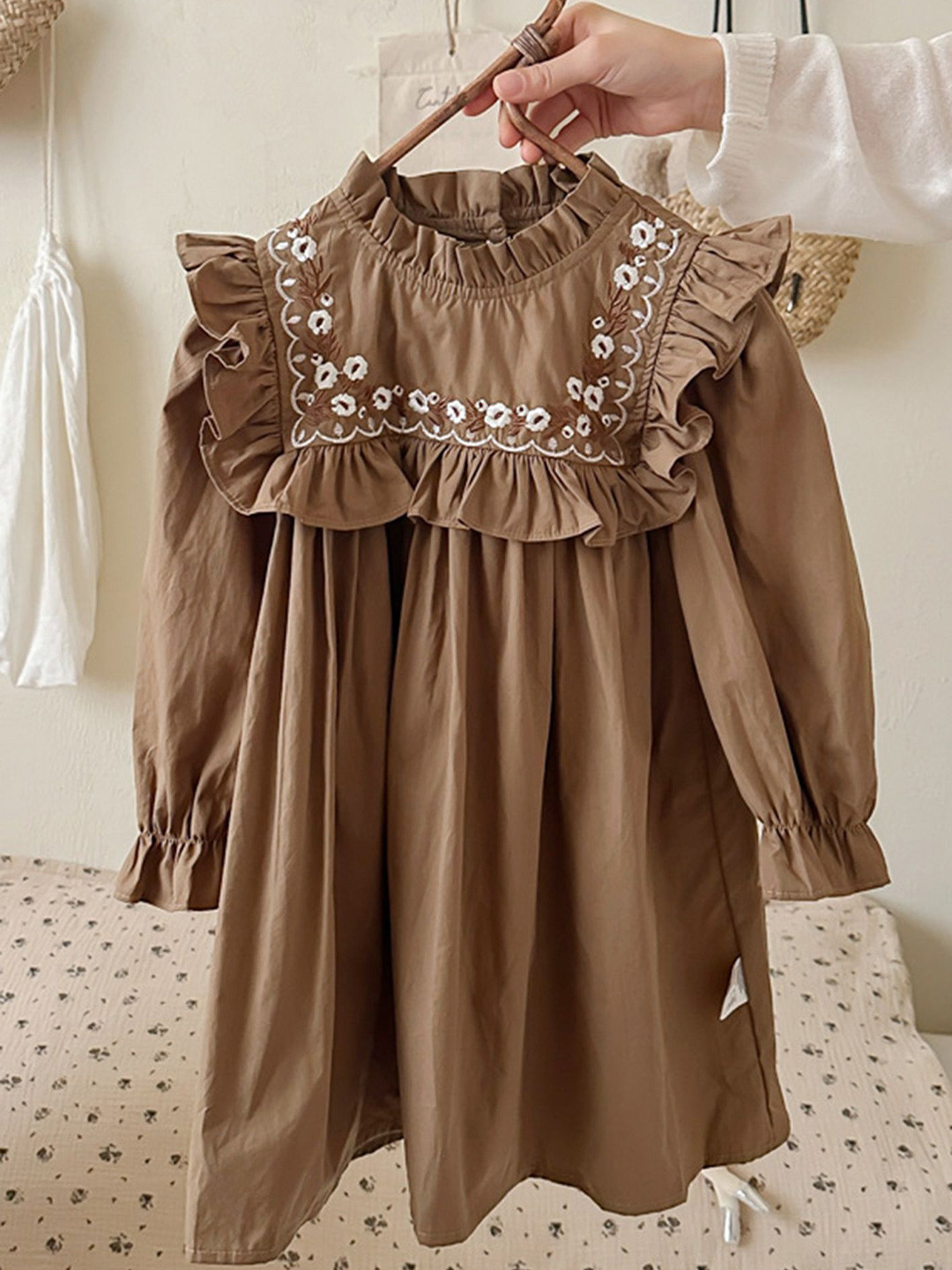 

LULU & SKY Girls Puff Sleeves Cotton A-Line Dress, Brown
