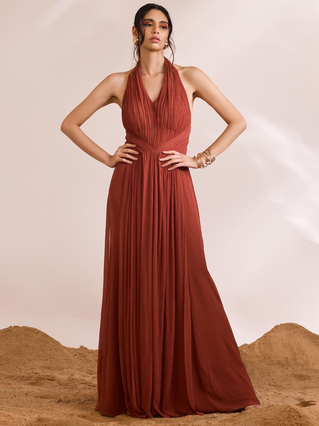 

DIVYA AGGARWAL Women Fluted Drape Gathered Backless Halter Neck Maxi Dress, Rust