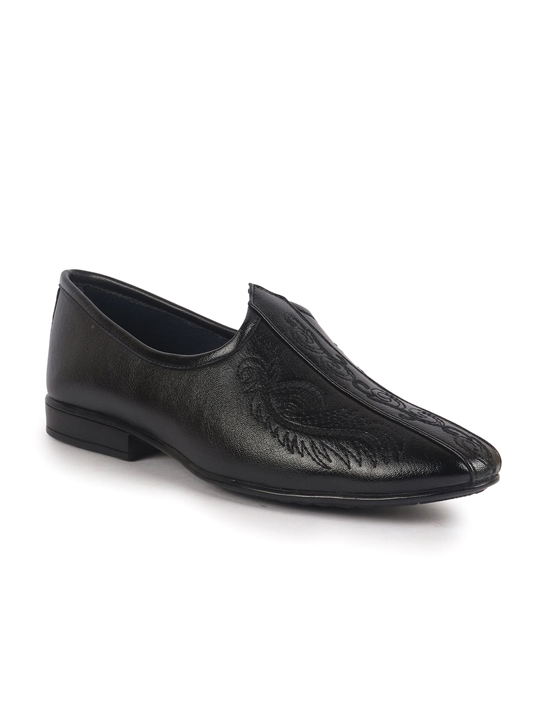 

FAUSTO Men Woven Design Embroidery Traditional Slip On Mojaris, Black