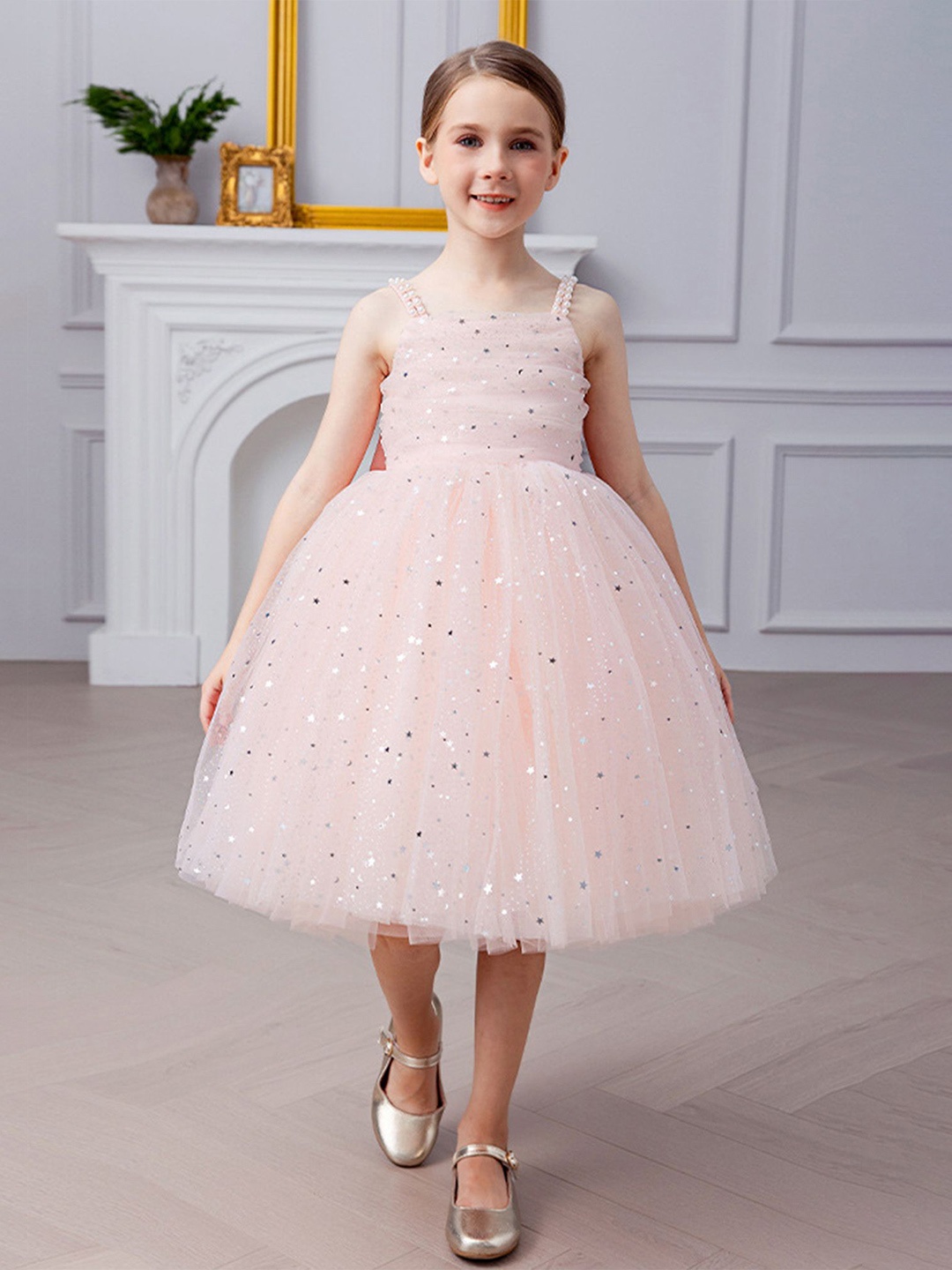 

LULU & SKY Girls Fit & Flare Self Design Midi Dress, Pink