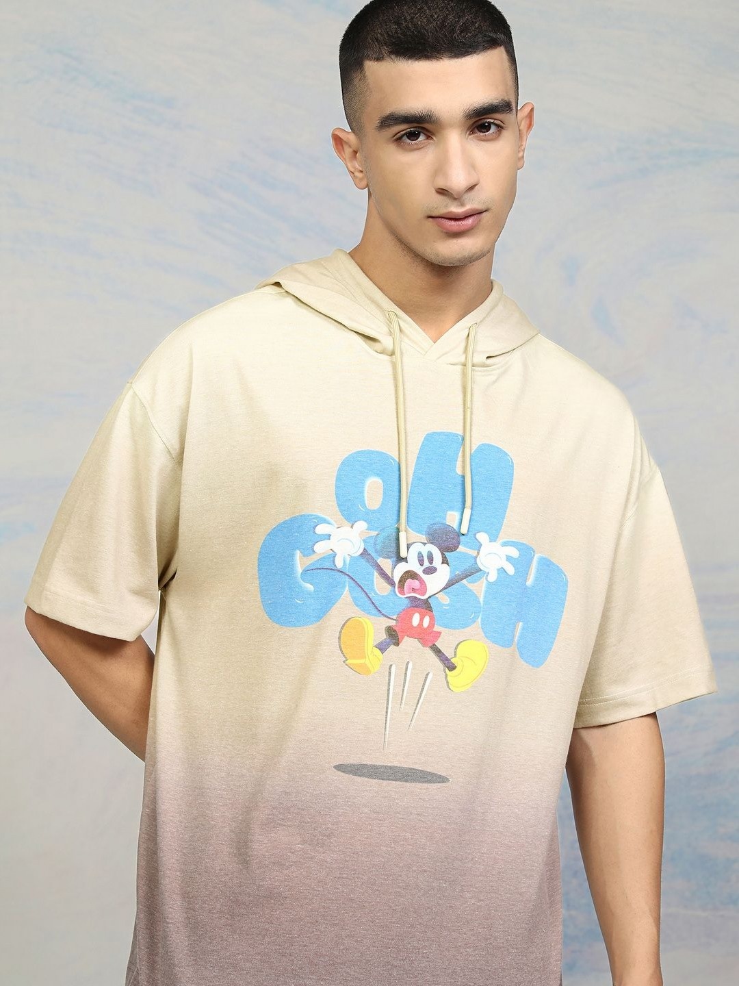 

HIGHLANDER Men Mickey Mouse Printed Hooded Drop Shoulder Sleeves Tshirt, Beige