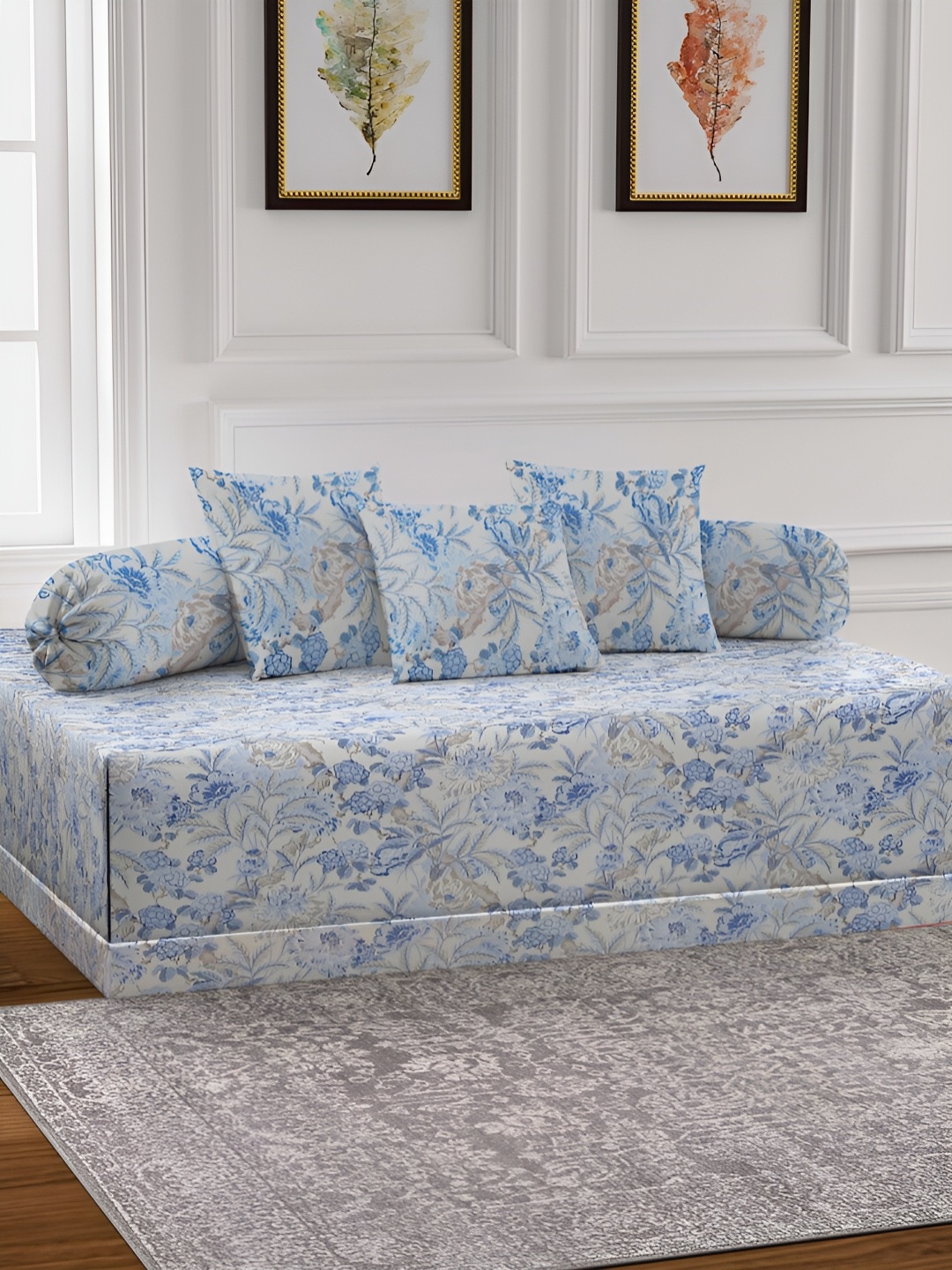 

Arrabi 6-Pcs Cream-Color & Blue Printed Diwan Set