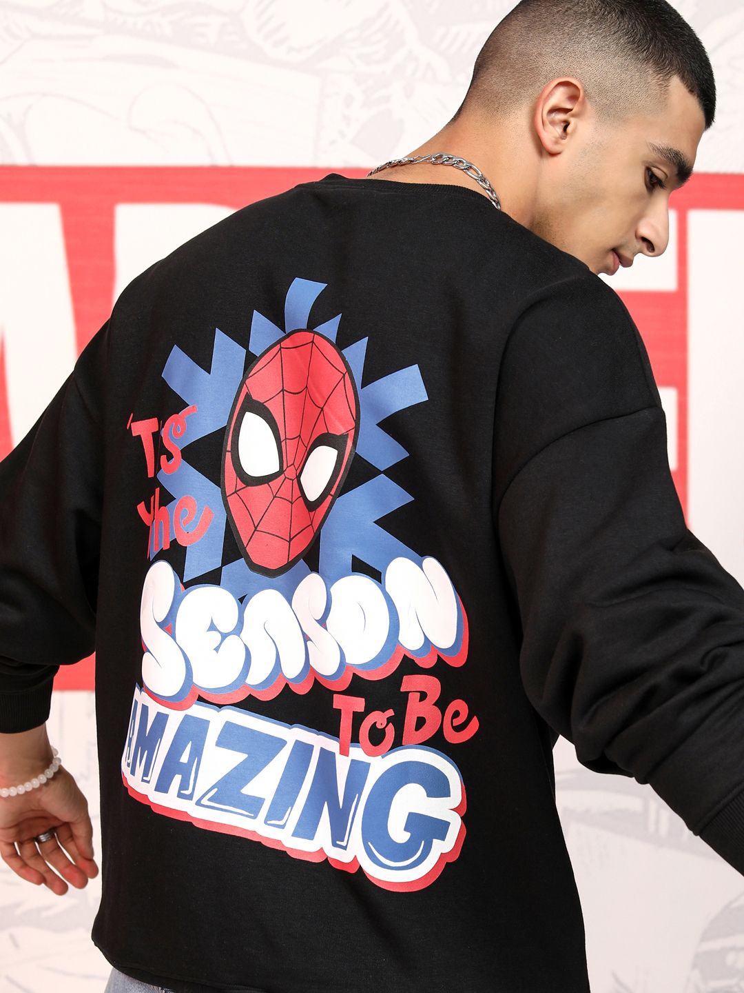 

HIGHLANDER Marvel Men Spider Man Black Round Neck Drop Shoulder Oversized Sweatshirt