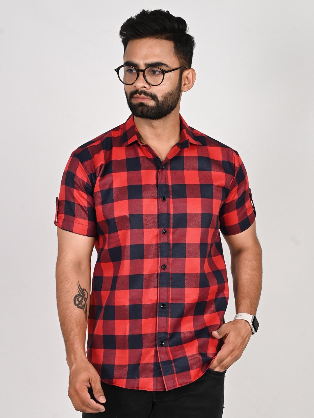 

Tanip Men Sheer Checked Casual Shirt, Red