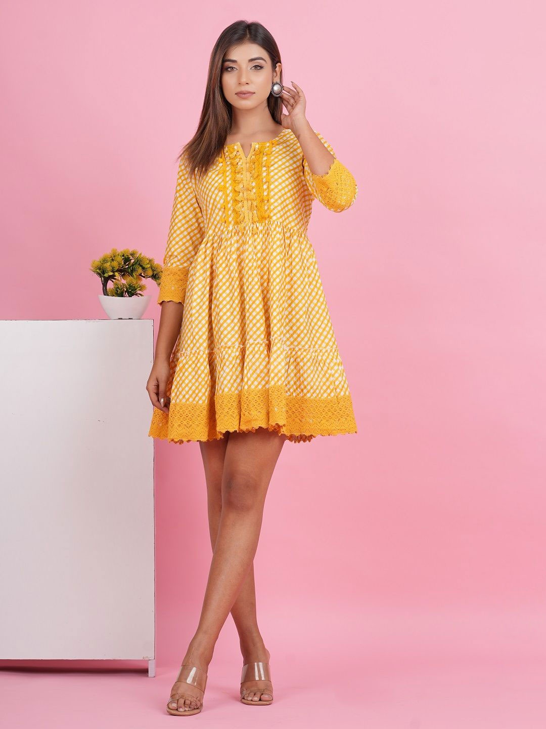 

CRENOL THREADS Checked A-Line Dress, Yellow