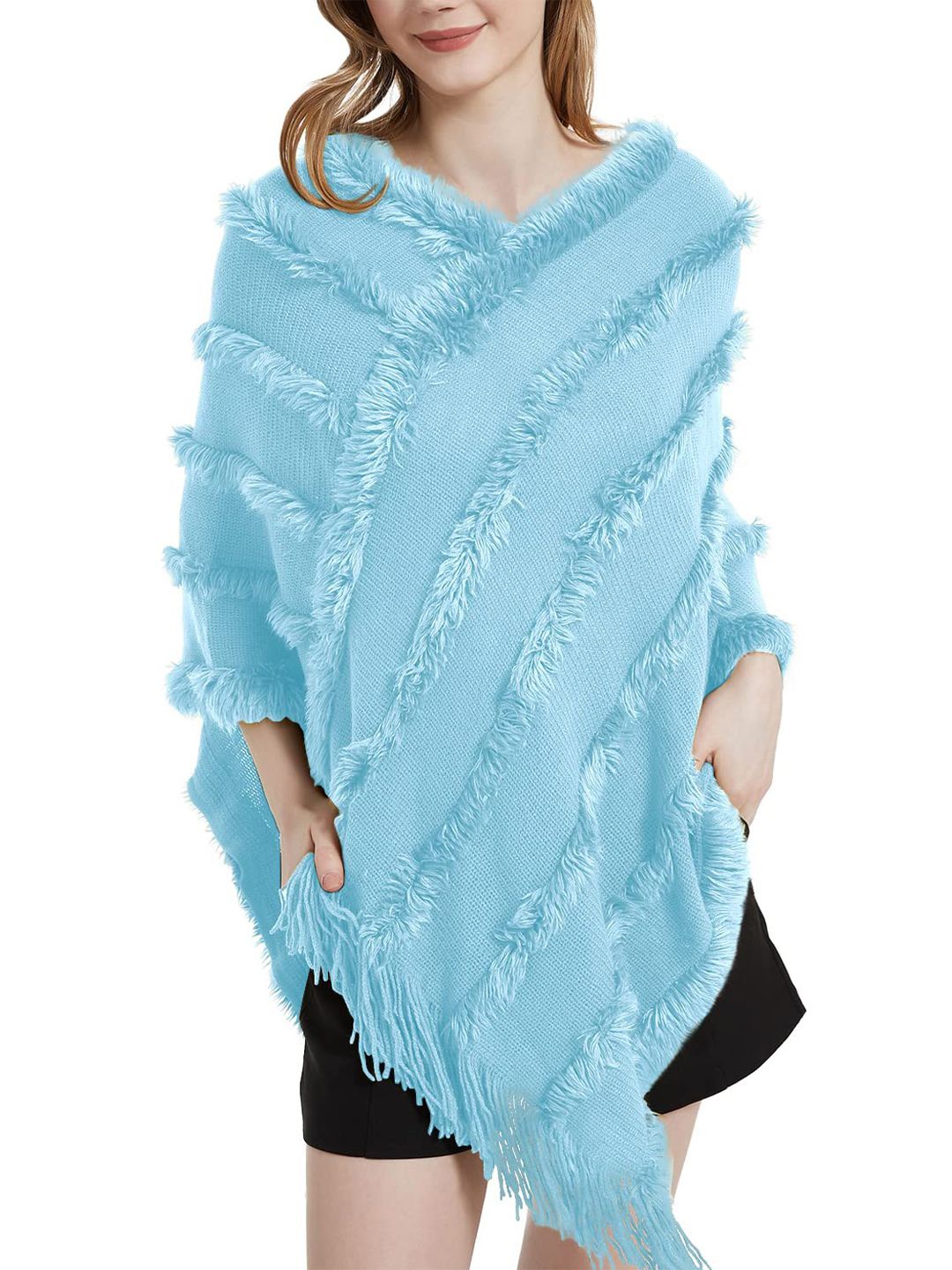 

Bold N Elegant Self Design Fur Hooded Longline Poncho, Blue