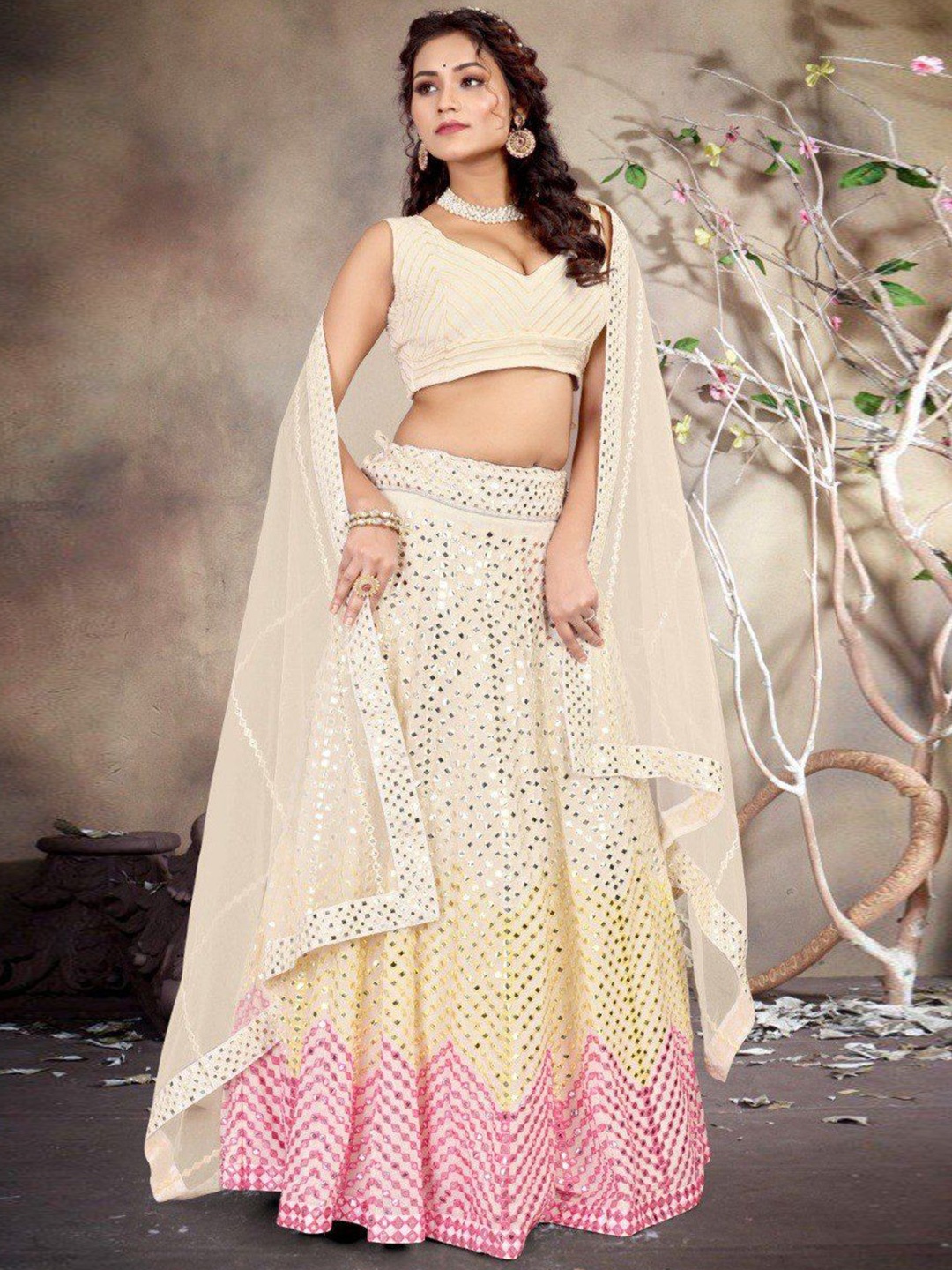 

Rujave Embellished Sequinned Semi-Stitched Lehenga & Unstitched Blouse With Dupatta, Cream