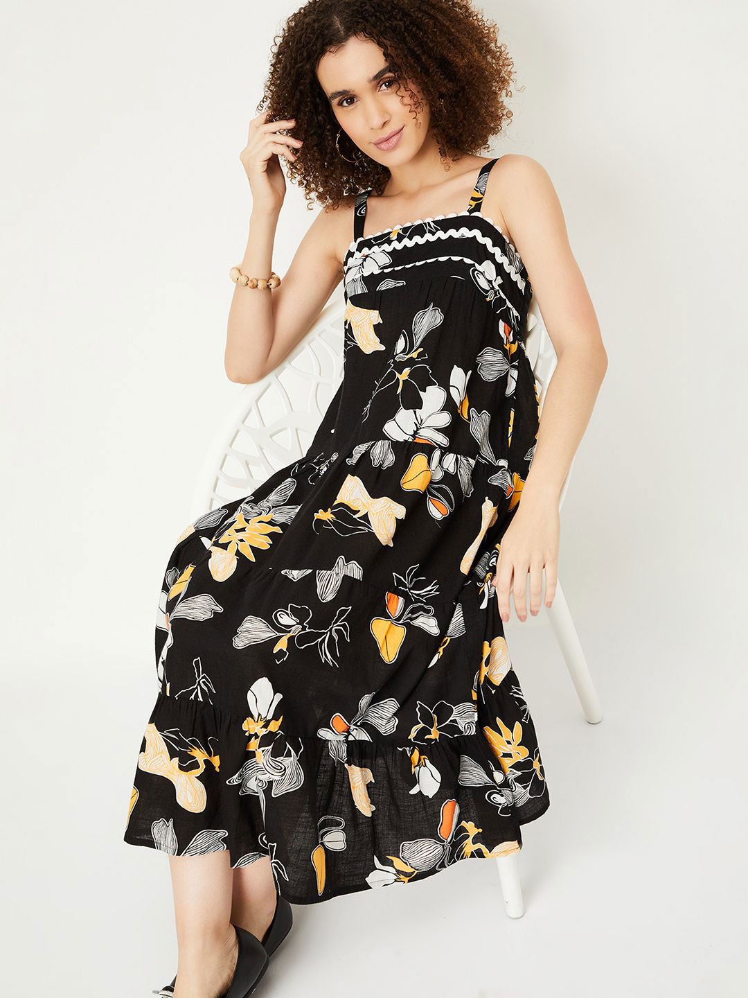 

max Floral Print Fit & Flare Midi Dress, Black