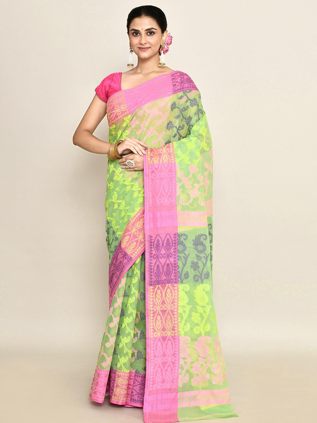 

PUKU Ethnic Motifs Woven Design Patchwork Pure Cotton Taant Saree, Green