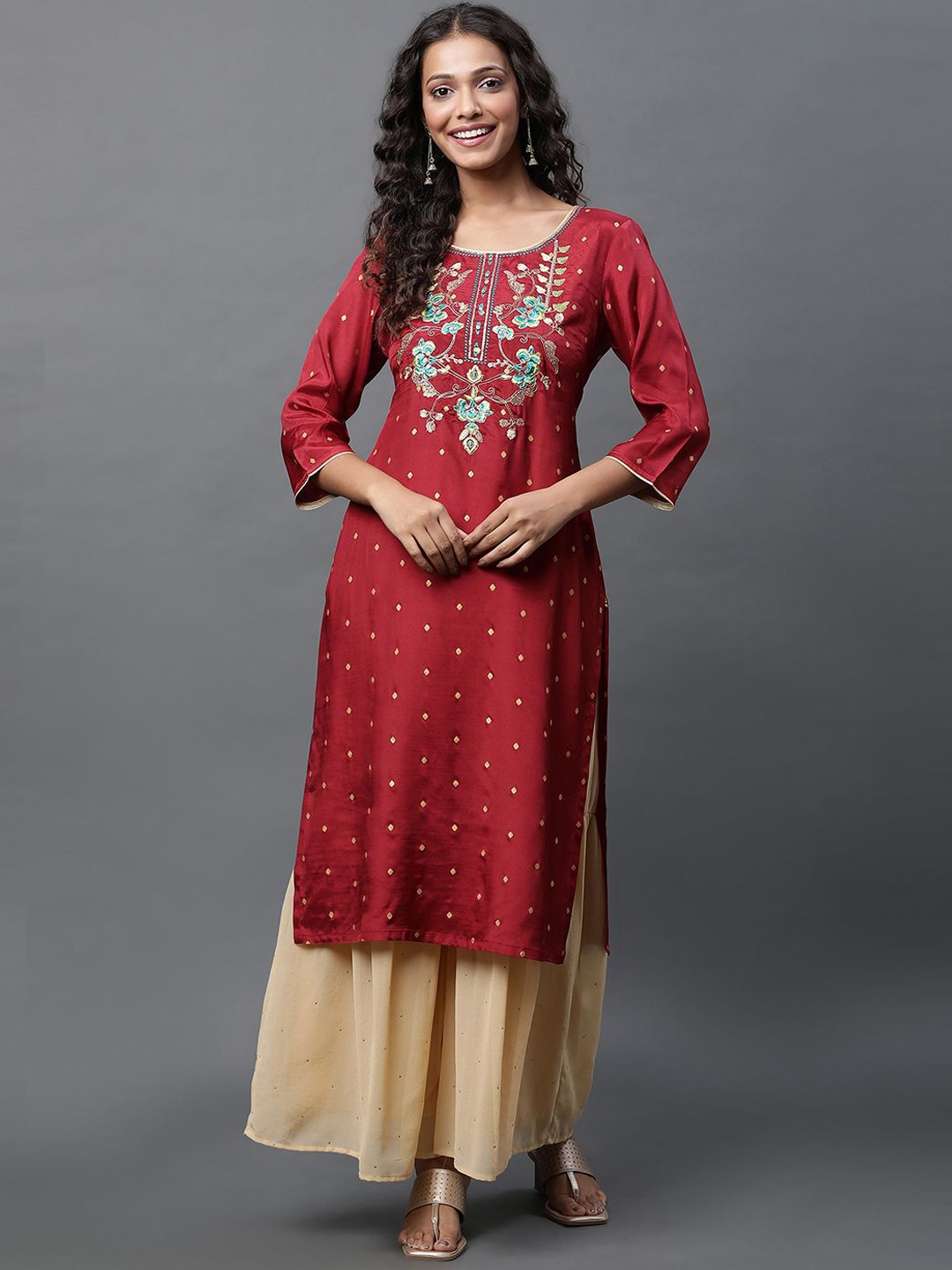 

AURELIA Women Ethnic Motifs Printed Sequinned Kurta, Red