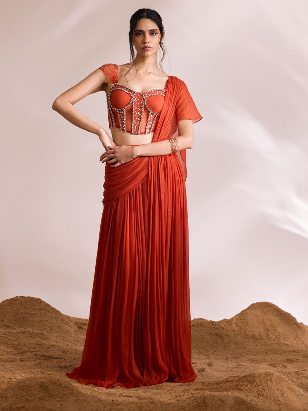 

DIVYA AGGARWAL Beads and Stones Lehenga Saree, Orange