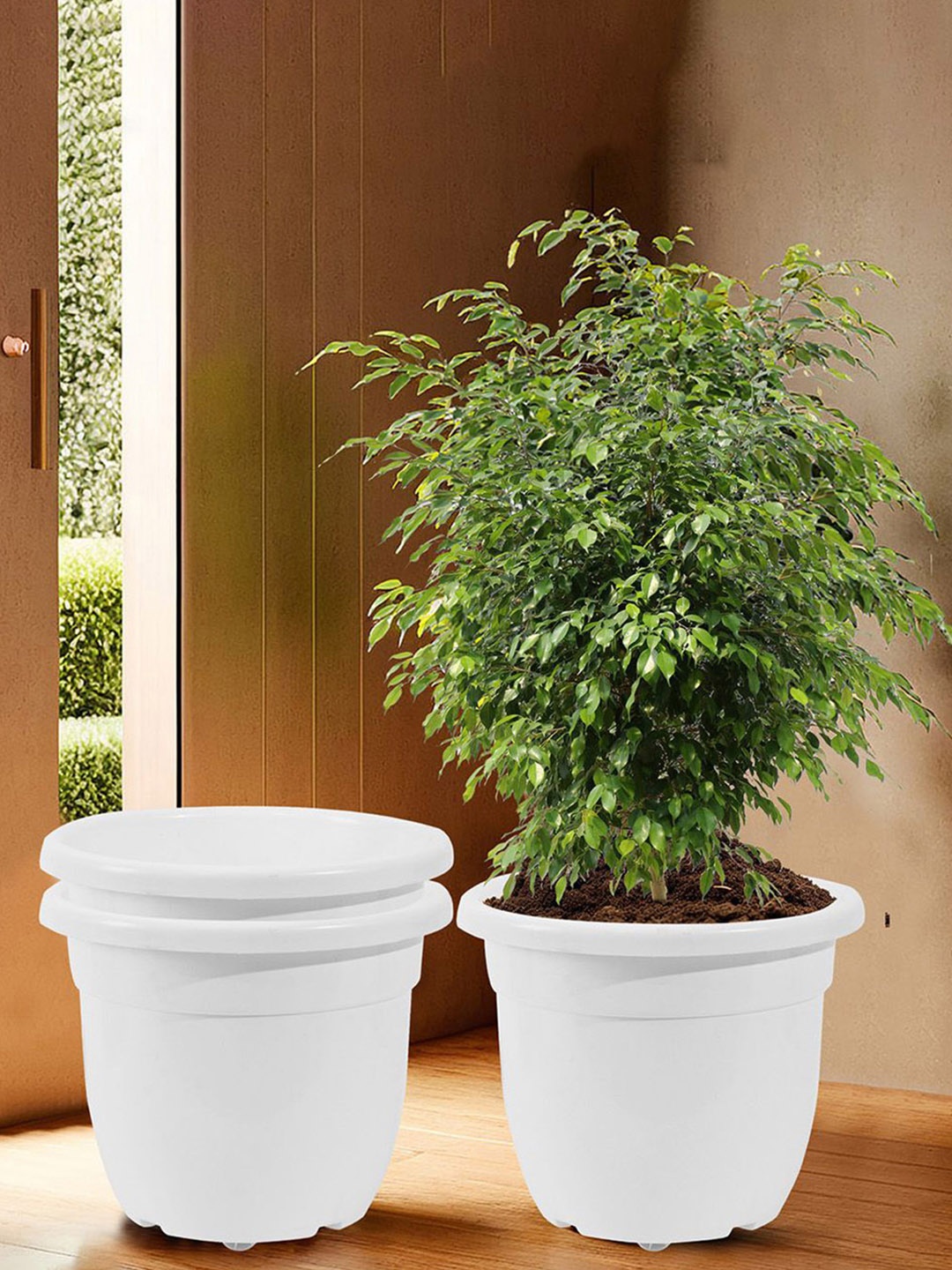 

Kuber Industries White 3 Pieces Recyclable Flower Pot With Removable Wheels