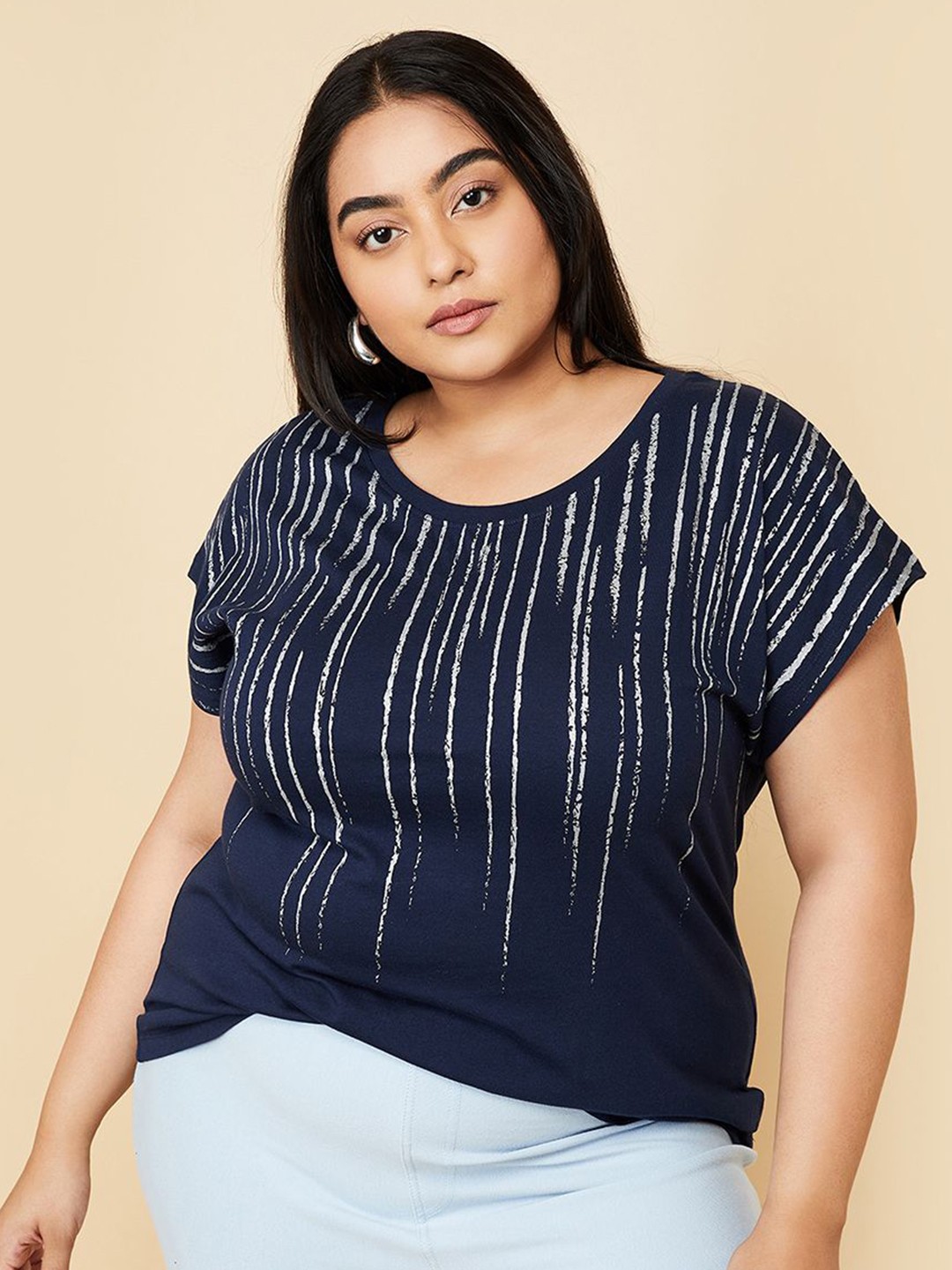 

max Women Plus Size Striped Round Neck Cotton T-shirt, Blue