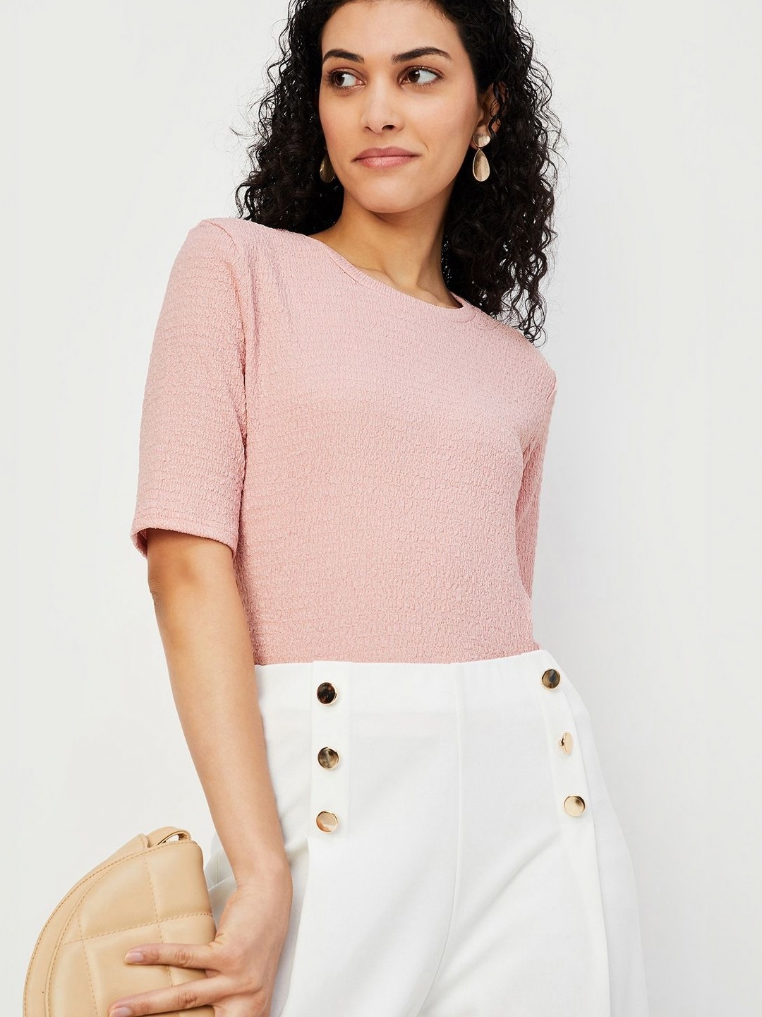 

max Women Self Design Round Neck Cotton T-shirt, Peach