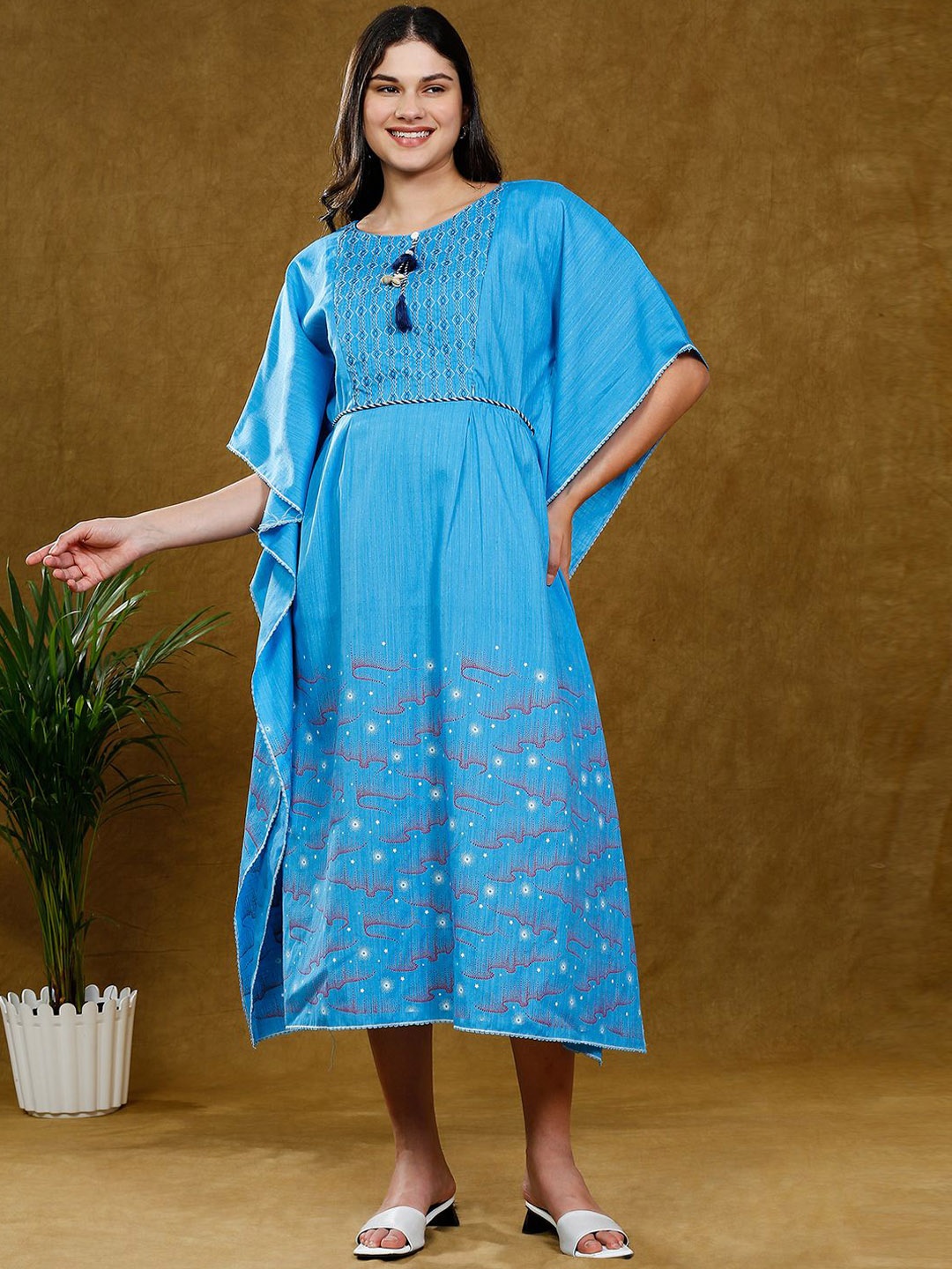 

DUMMY SHAPE Women Printed Thread Work Floral Maternity Kaftan Kurta, Blue