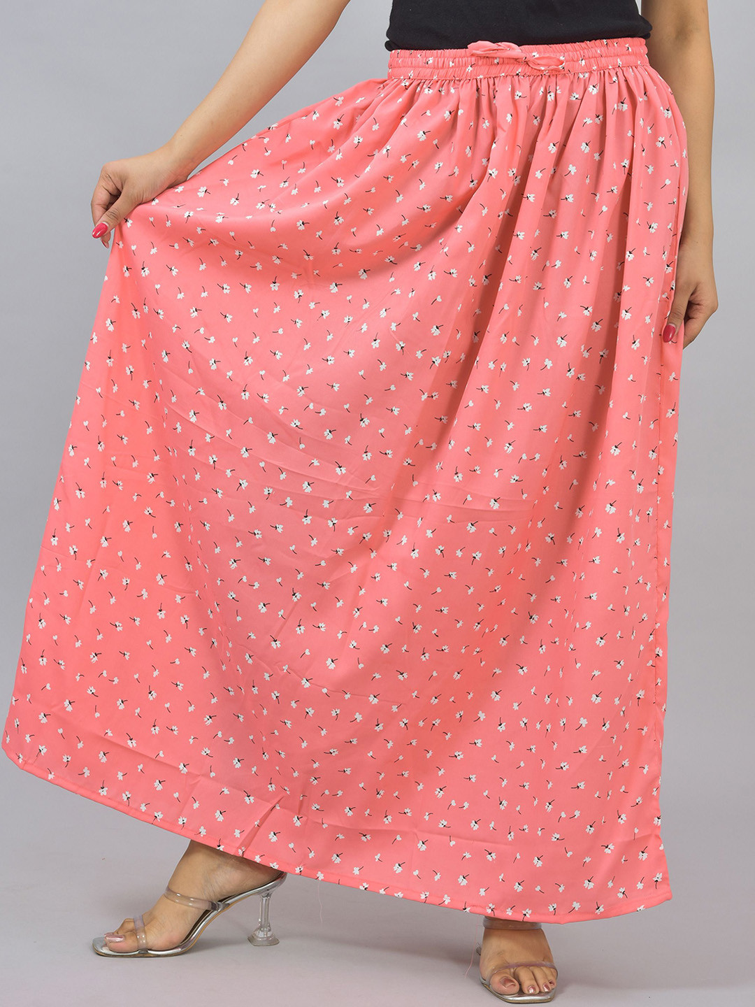 

Girly Girls Printed Linen Flared Maxi Skirt, Peach