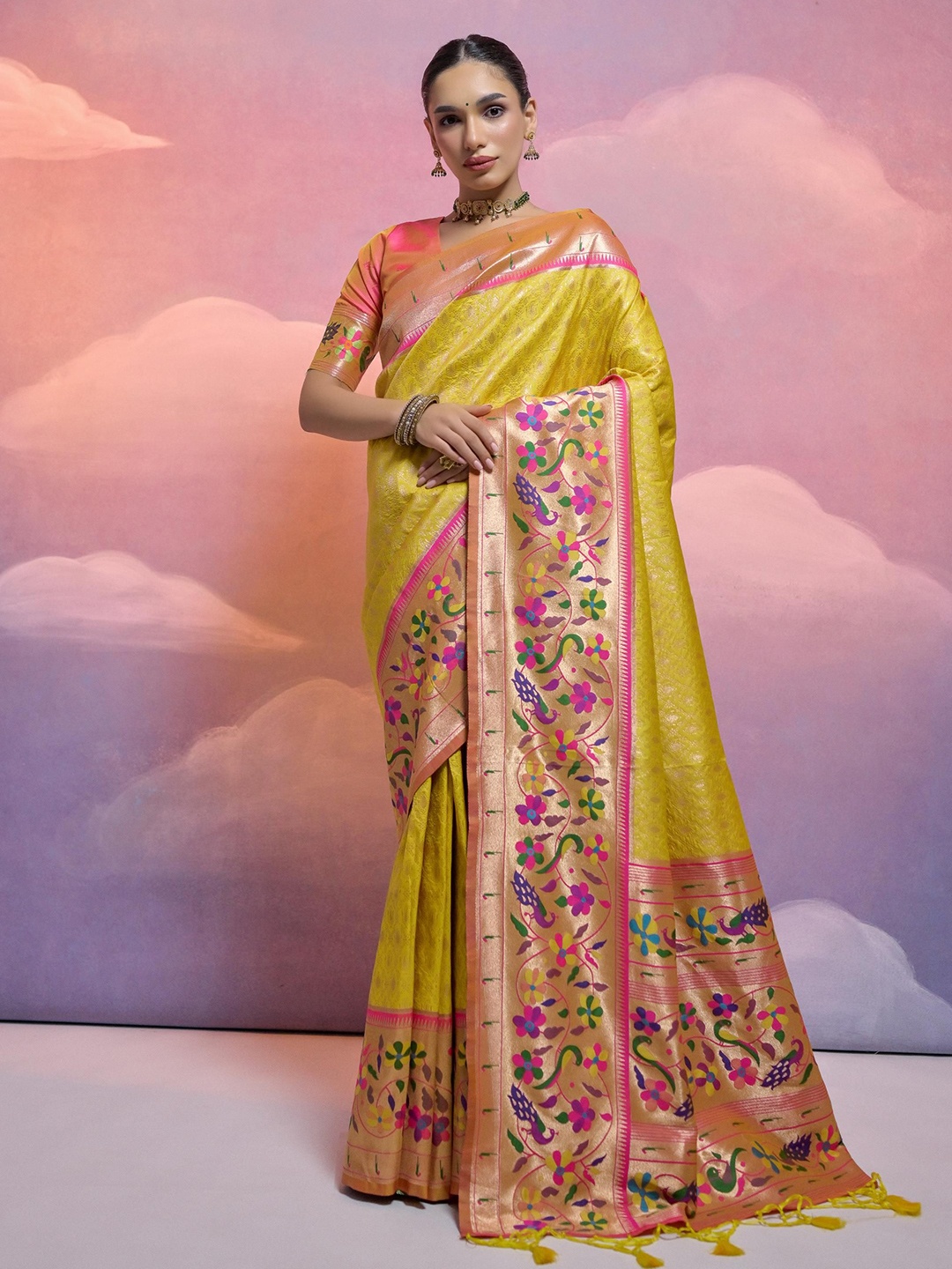 

Jinal & Jinal Woven Design Zari Pure Silk Paithani Saree, Yellow