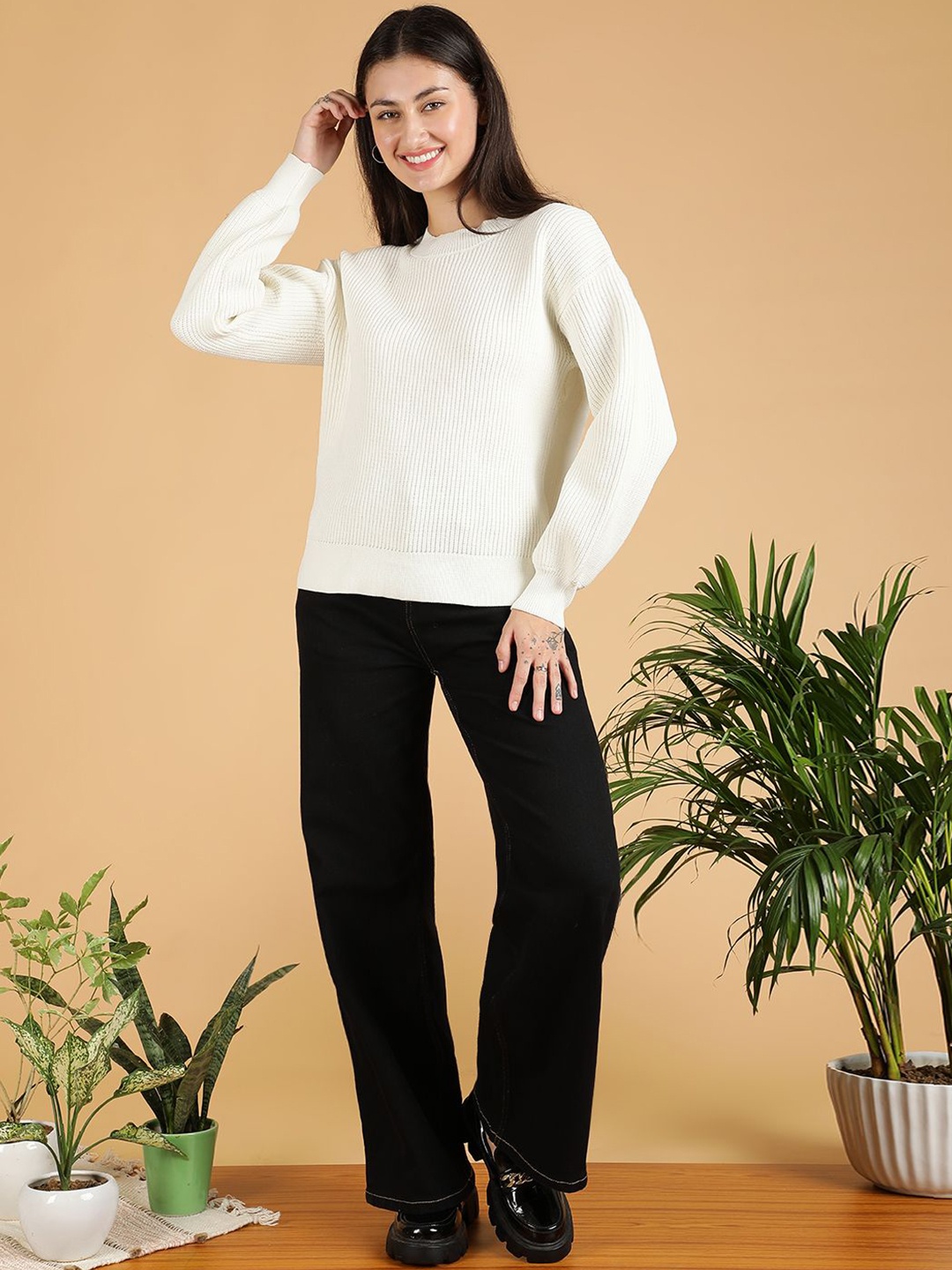 

Kotty Women Cable Knit Cotton Ribbed Pullover, White
