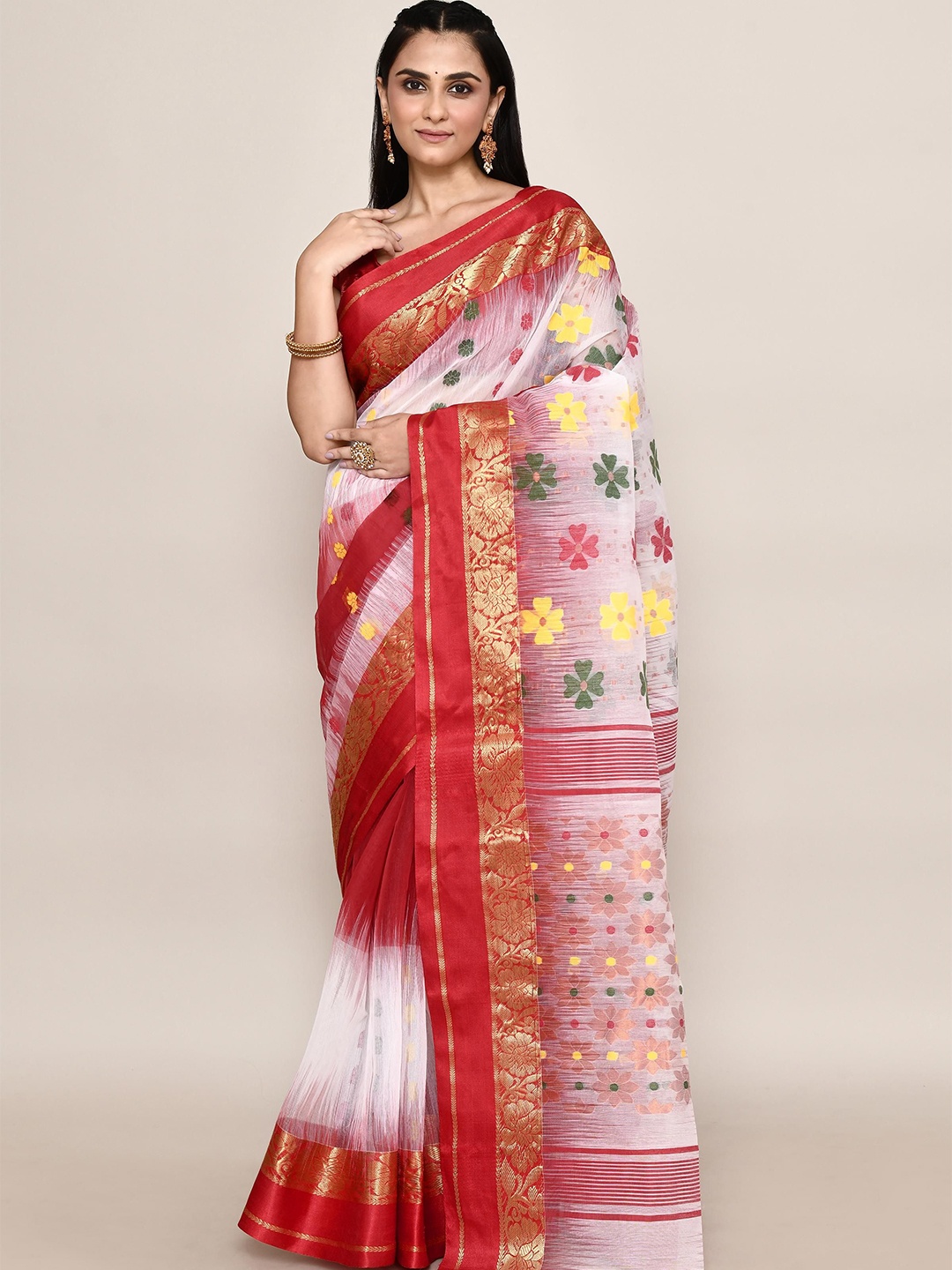 

PUKU Ethnic Motifs Patchwork Taant Saree, Red