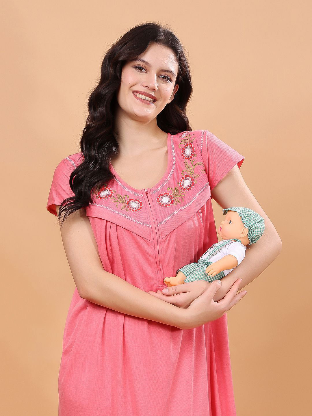 

CHUI MUI Women Round Neck Maternity Maxi Nightdress, Pink