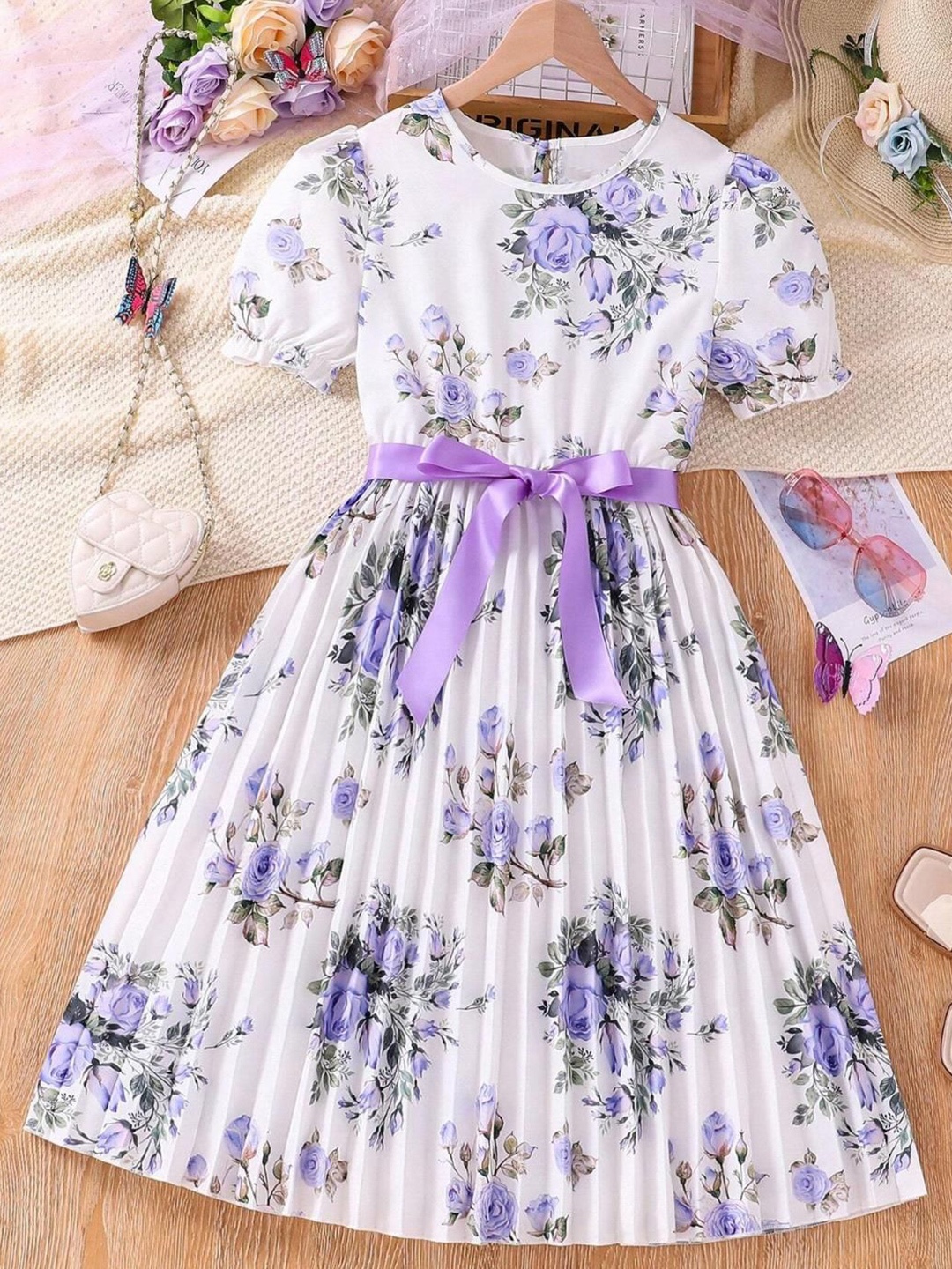 

Miss & Chief Girls Floral Print Fit & Flare Pleated Maxi Dress With Belt, Purple