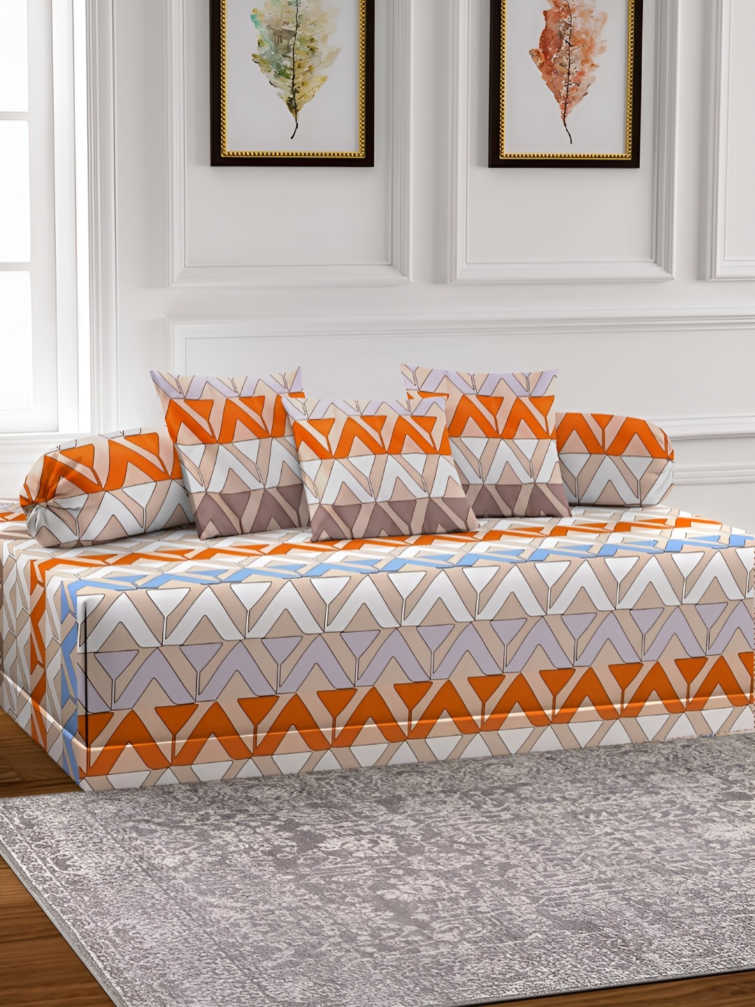

Arrabi Set Of 6 White & Orange-Coloured Printed Diwan Set
