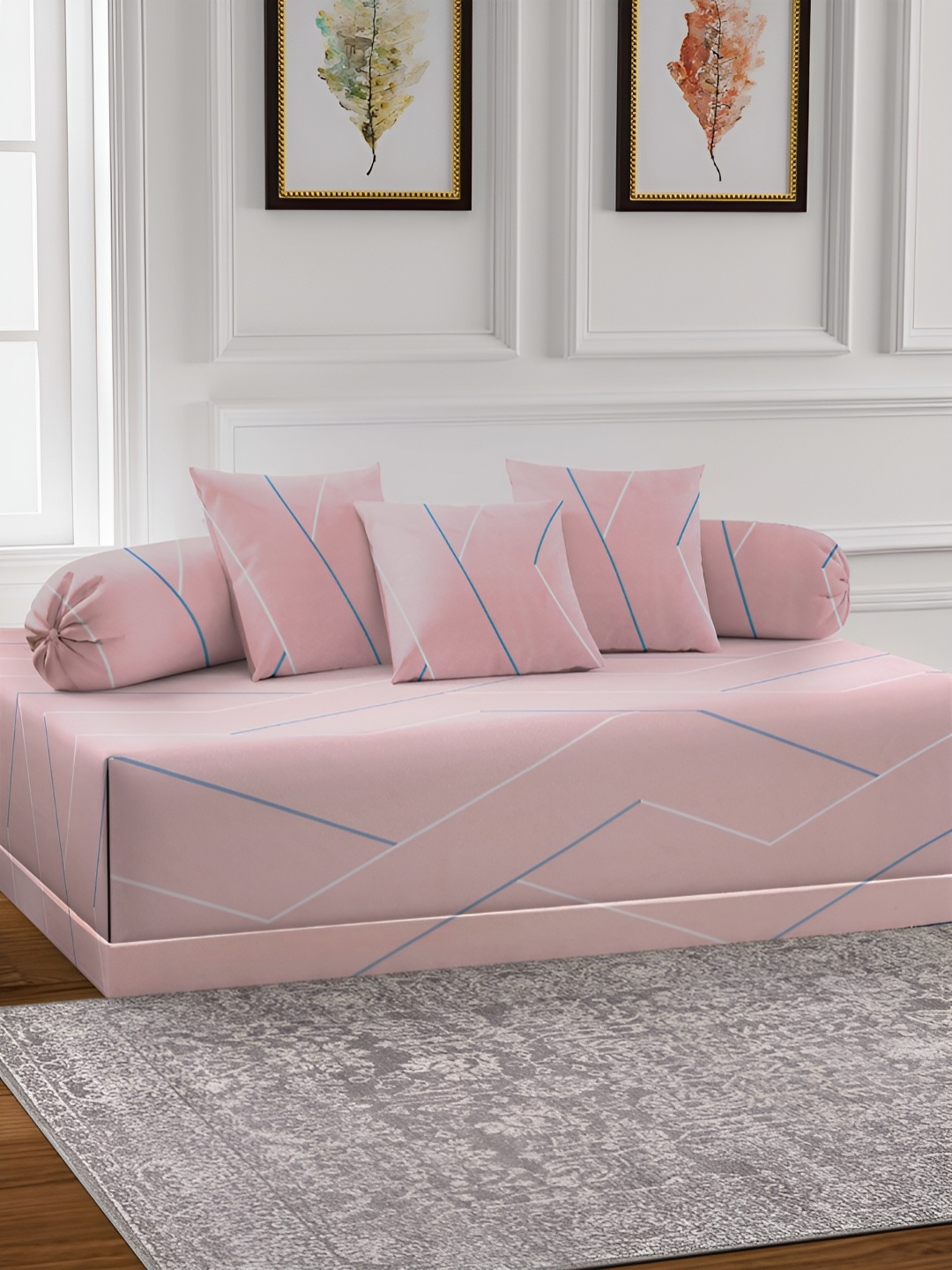 

Arrabi 6-Pcs Pink & White Printed Diwan Set