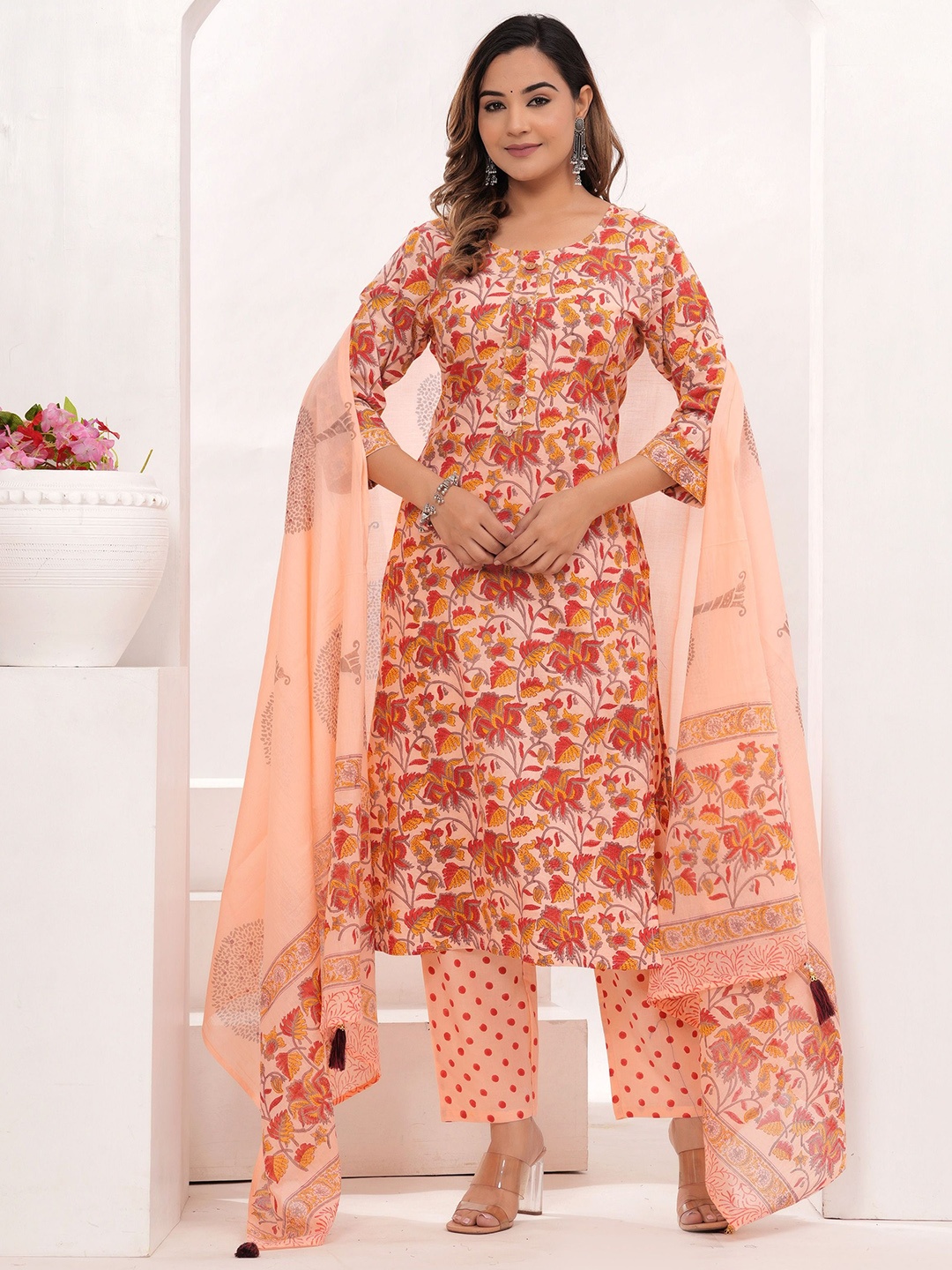 

VASUPRADA Women Floral Printed Regular Kurta with Trousers & With Dupatta, Orange