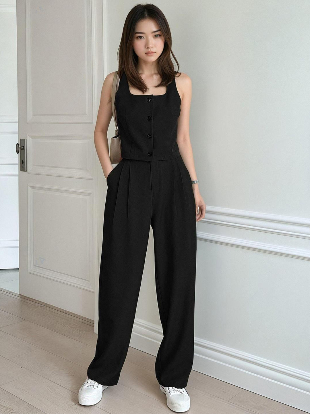 

Kotty Black Square Neck Sleeveless Top With Skirt