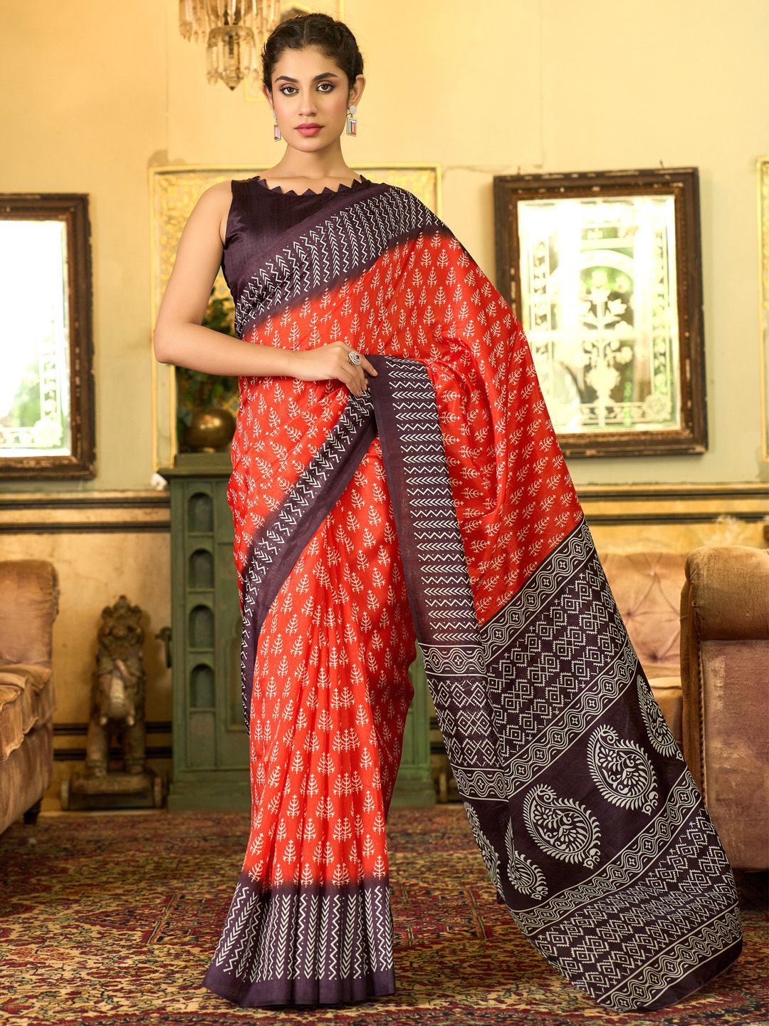 

KALINI Bagh Silk Blend Designer Block Print Saree, Red