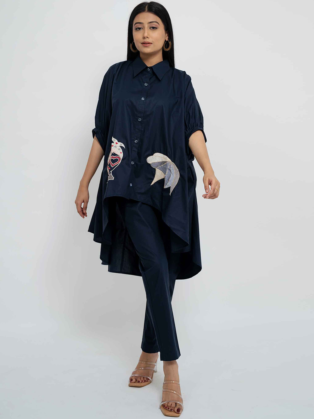 

AFFAIRE'S BY LEVELL5 Pure Cotton Shirt Collar Neck Tunic With Trousers Co-Ords, Navy blue