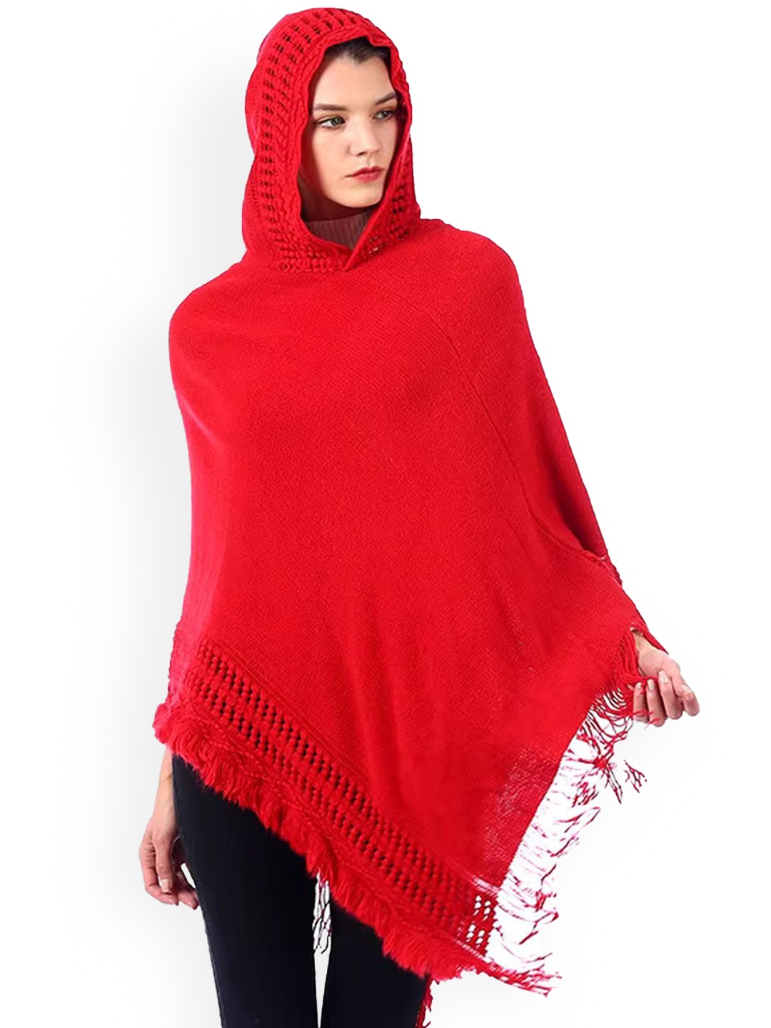 

Bold N Elegant Women Self Design Hooded Poncho Sweater, Red