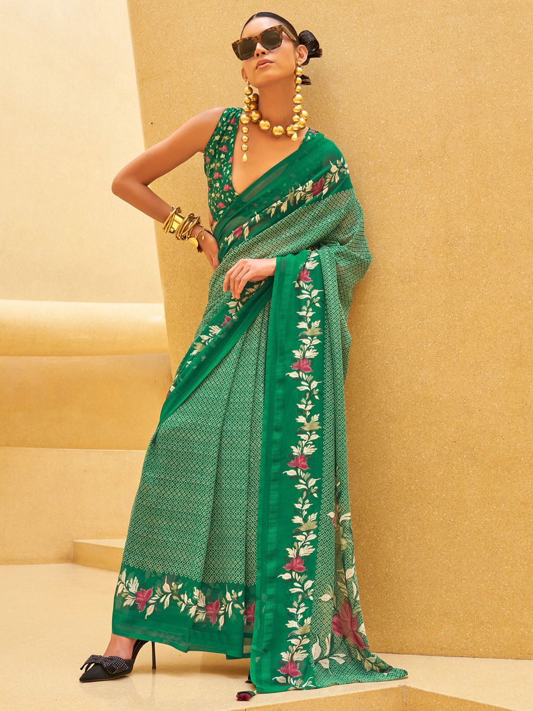 

Anouk Poly Georgette Block Print Saree, Teal