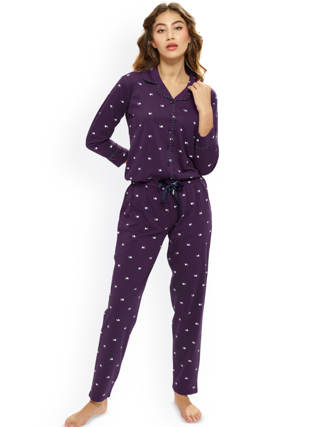 

Lotik Women Printed Pure Cotton Night suit, Purple