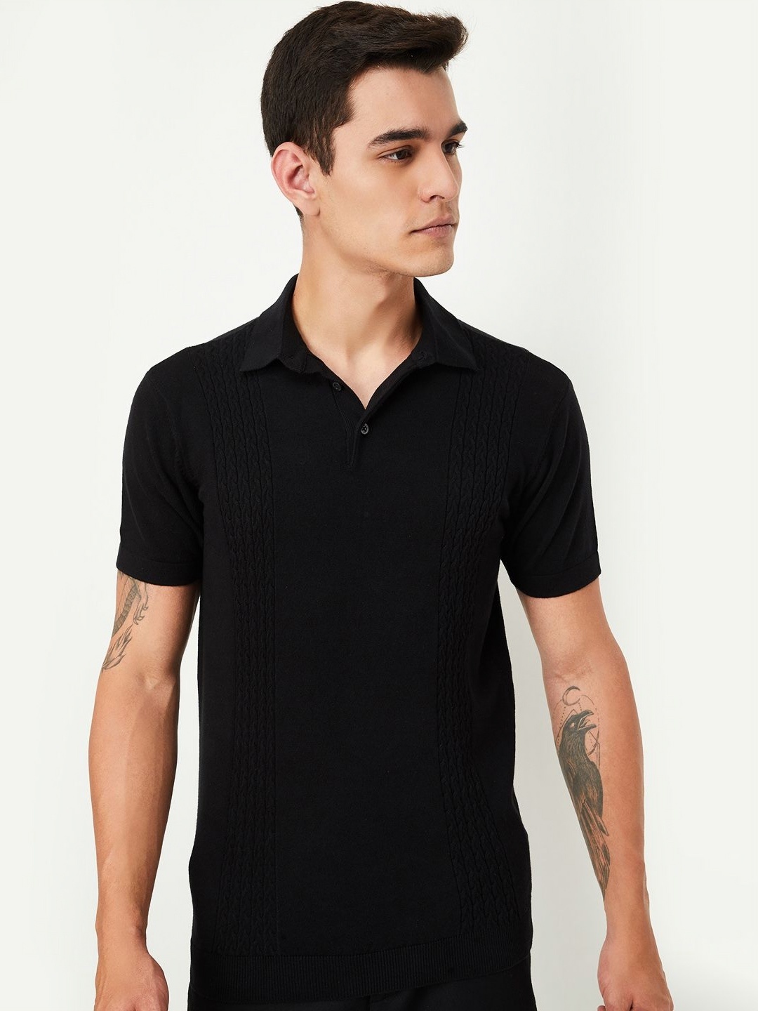 

max Men Solid Polo Collar Cotton T-shirt, Black