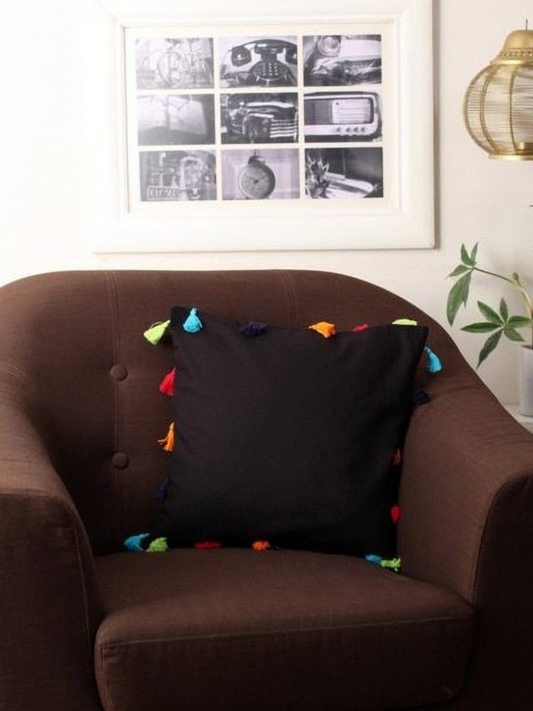 

Lushomes Black Cotton Square Cushion Cover With Pom Pom