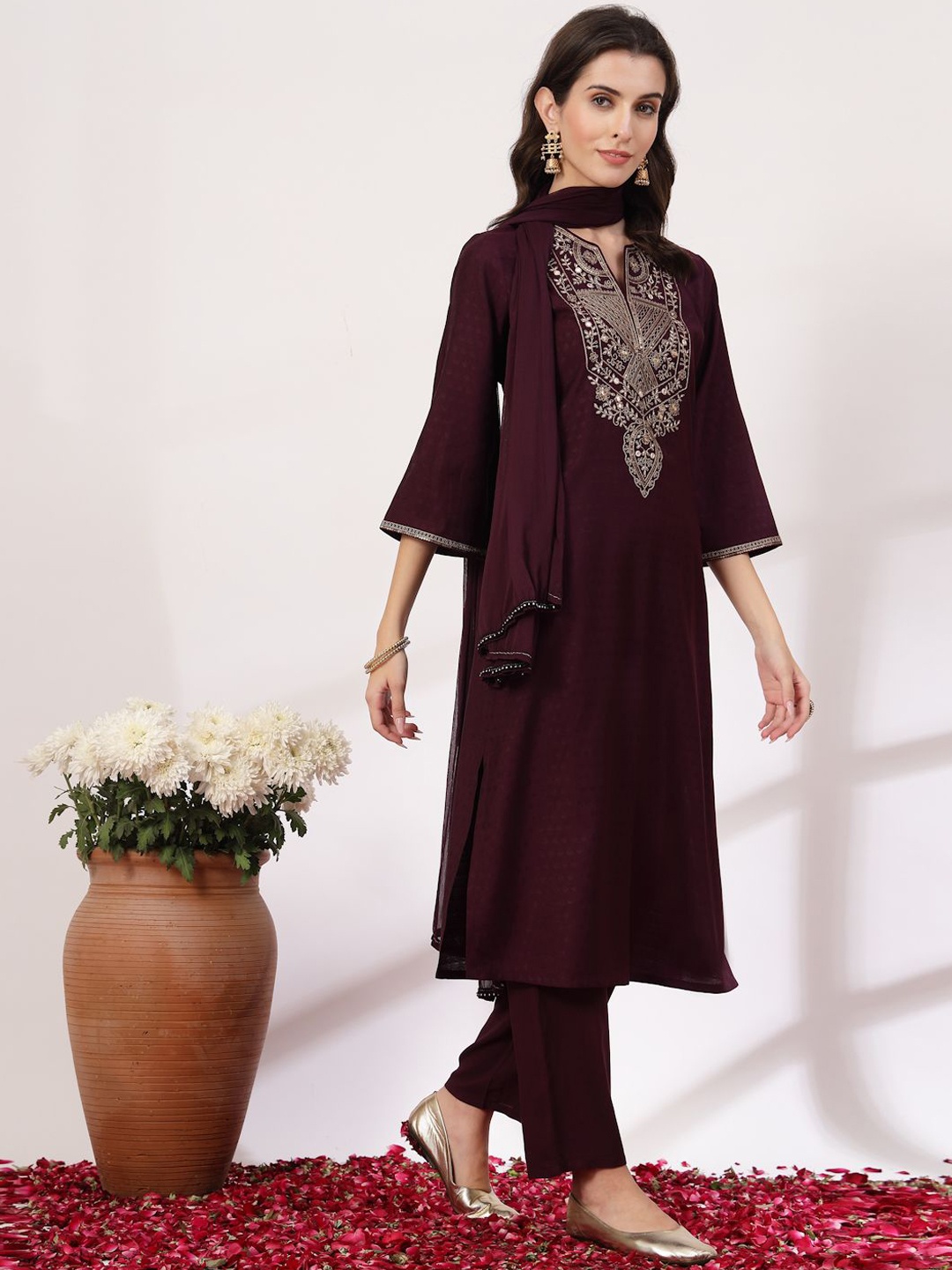 

Nayam By Lakshita Ethnic Motifs Embroidered Sequinned Straight Kurta & Trouser & Dupatta, Burgundy