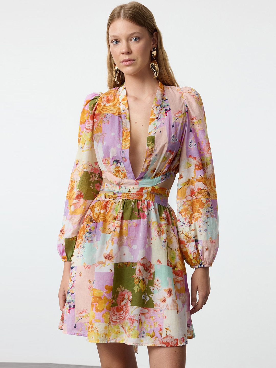 

Trendyol Floral Print Puff Sleeve Fit & Flare Dress, Na